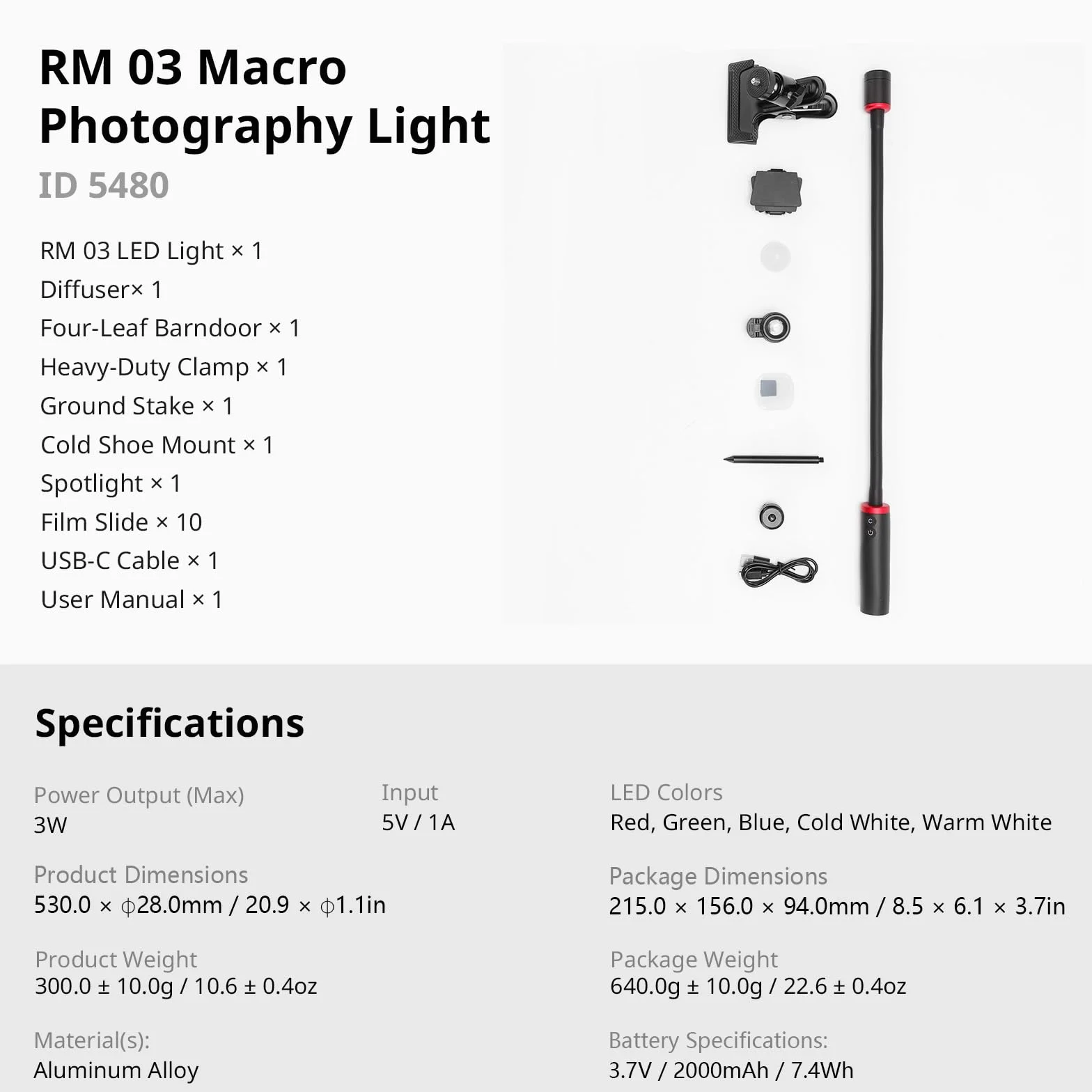 SMALLRIG RM 03 Luce LED per Macrofotografia, Angolo del Fascio Regolabile, 5 Colori 2200K-6500K, Braccio Luce Macro per Fotocamera con Adattatore per Slitta a Contatto Freddo, Impermeabile IP54-5480