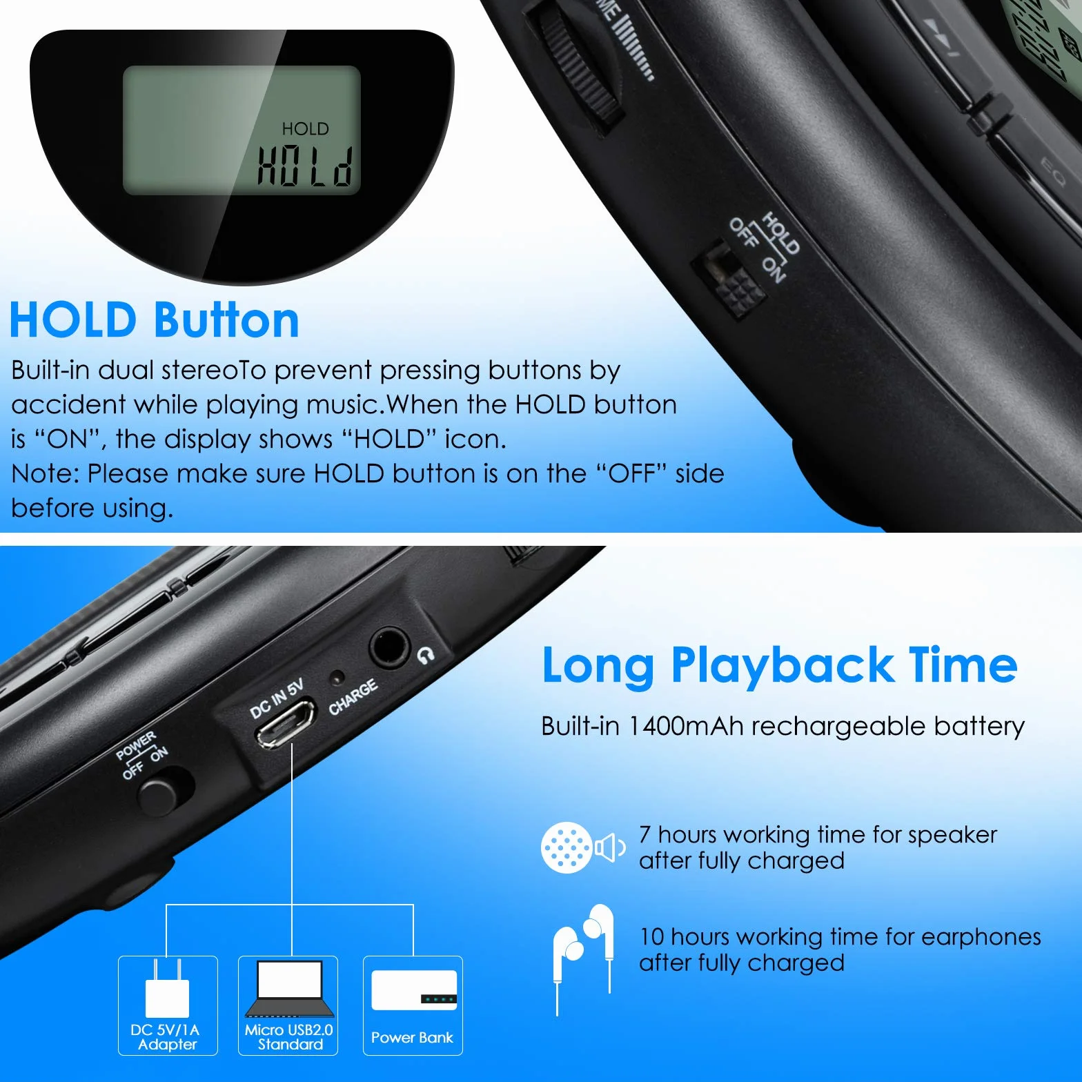 Gueray Lettore CD Portatile AUX con Altoparlanti e Batteria al litio 1400 mAh incorporato e Cuffia Supporto per Riproduzione di schede TF