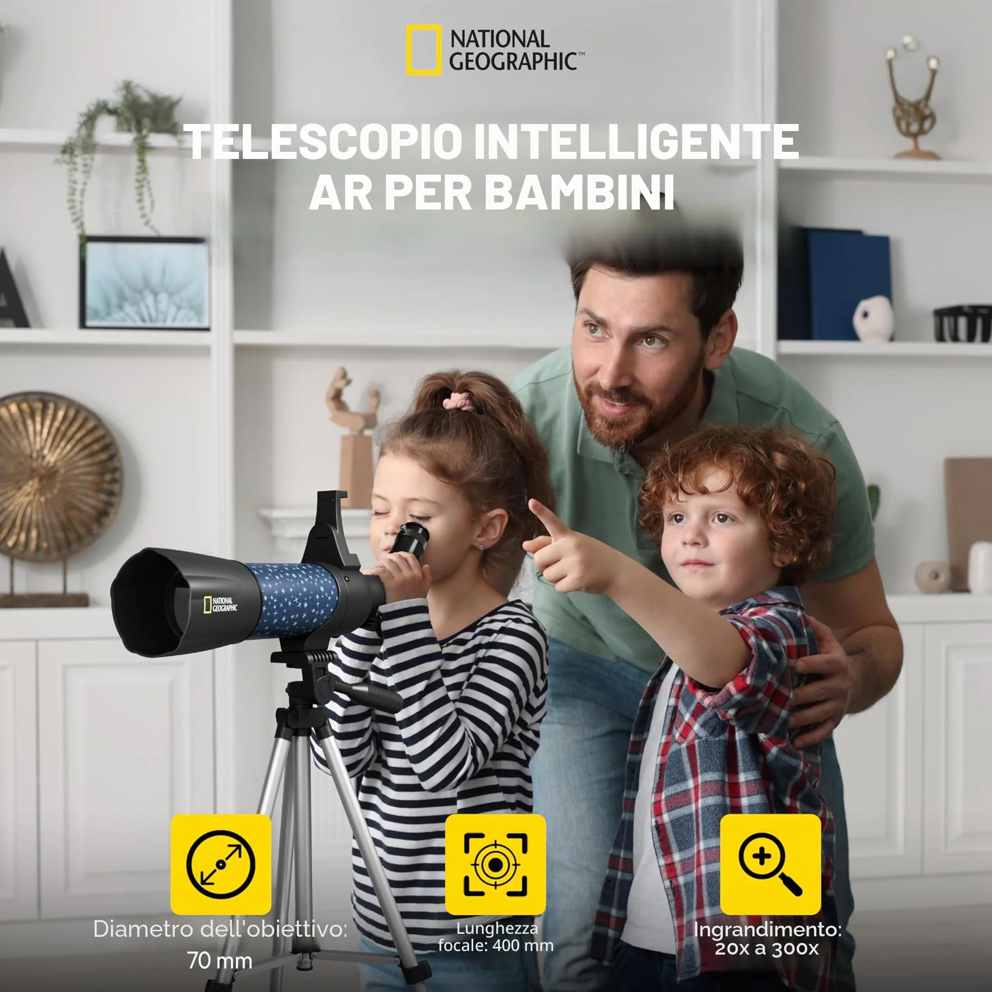 National Geographic smartes AR - Telescopio per bambini con treppiede, zaino, supporto per smartphone e app di realtà aumentata