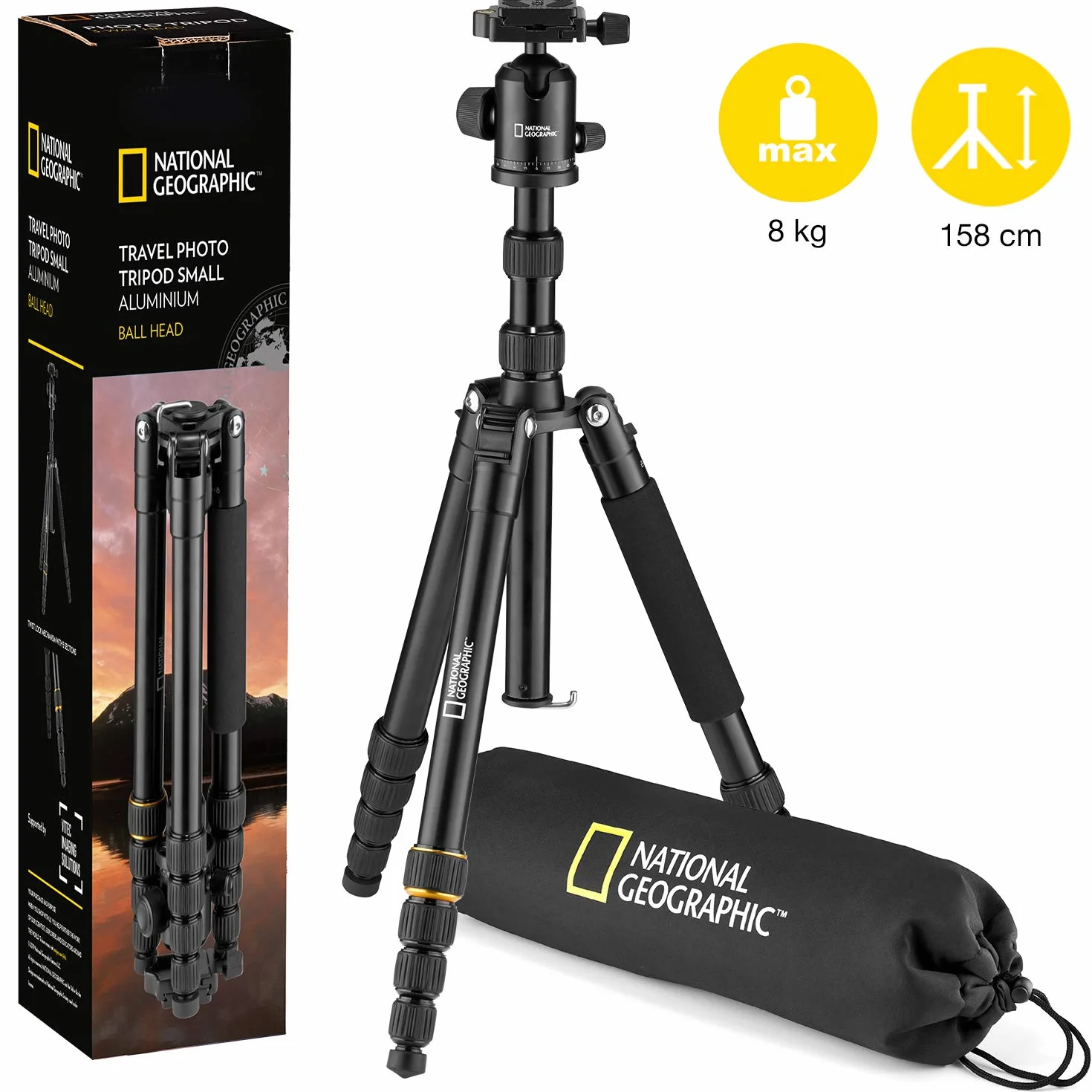 National Geographic NGTR002T - Travel Kit Treppiede con Monopiede, Alluminio, Gambe 5 Sezioni, Twist Lock, Sacca Trasporto, Carico Fino a 8 kg, Testa a Sfera, Sgancio Rapido, Nero [Esclusiva Amazon]