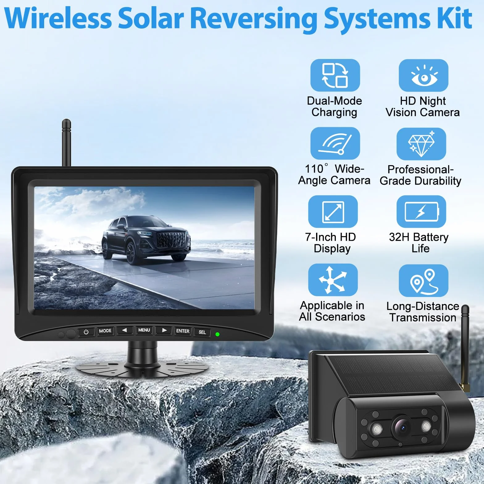 Telecamera di retromarcia senza fili solare 7" Monitor Camera Solare Kit 1080P HD Telecamera di retromarcia IR Visione Notturna IP66 Impermeabile per furgone (7'' con 1 Telecamere)