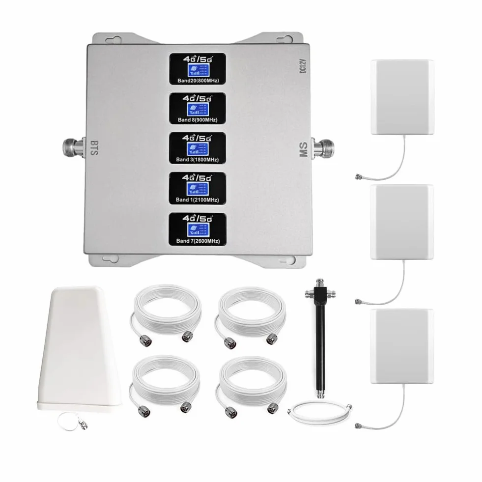 Amplificatore Segnale Cellulare Ripetitore 4G 5G, 5 Bande 800/900/1800/2100/2600MHz, Tre Antenne Interne
