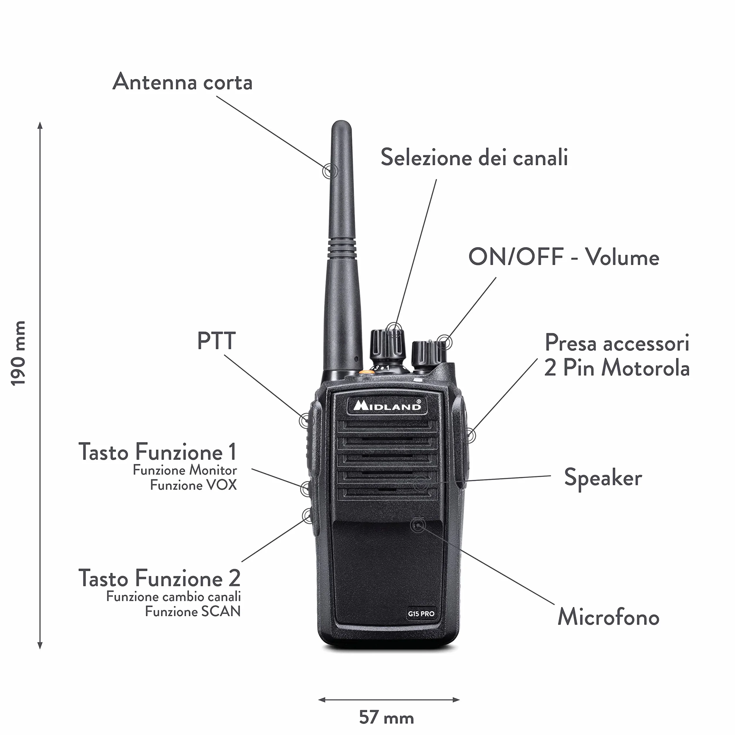 Midland - Walkie Talkie G15 PRO, Ricetrasmittenti Professionali Waterproof IP67, 32 Canali PMR446 Senza Licenza, Copertura 12Km, Autonomia 22H - Batterie Ricaricabili, Caricatore da Tavolo e Accessori