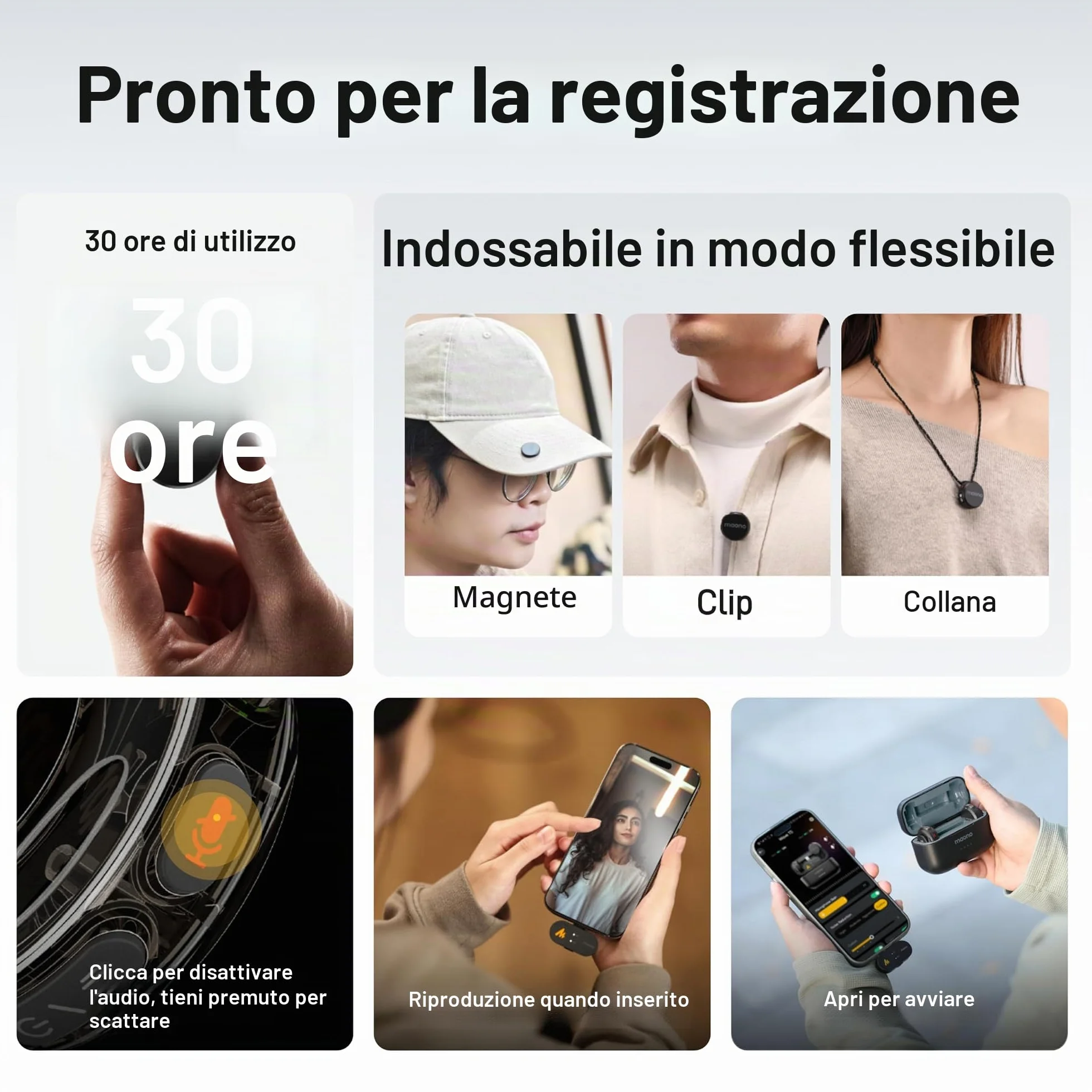 MAONO Wave T5 Mini Microfono Wireless per Smartphone (USB-C) - Microfono Lavalier 48kHz/24Bit, 30h di Autonomia, 300m di Raggio e Riduzione del Rumore. Mini Microfono per Vlog e Streaming su YouTube