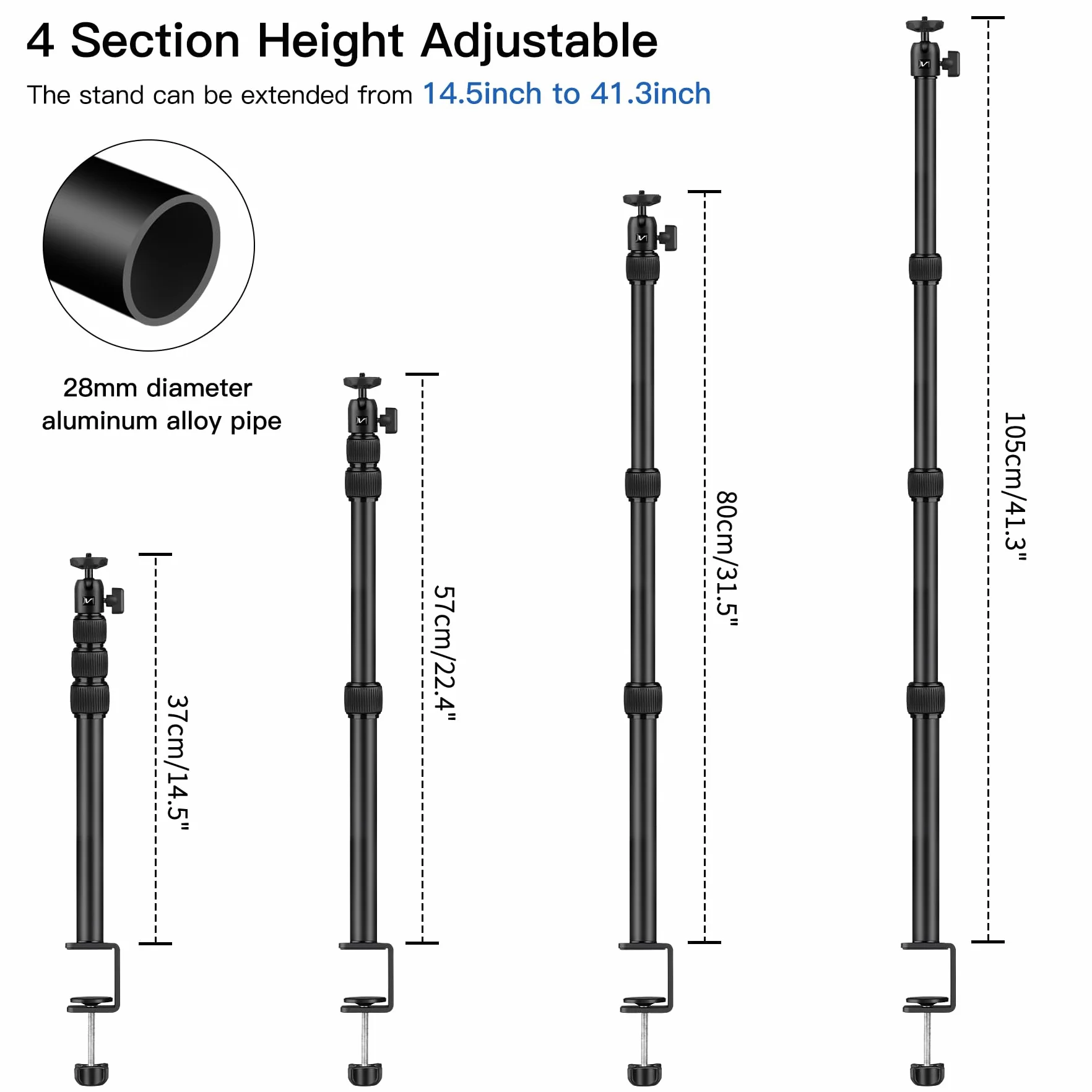 Victiv 37cm-105cm Supporto per Fotocamera da Tavolo, Treppiede da Tavolo con Adattatore a Vite da 1/4" per Canon DSLR, Supporto per Lampada da Tavolo Regolabile per Fotocamera, Luce ad Anello, Webcam