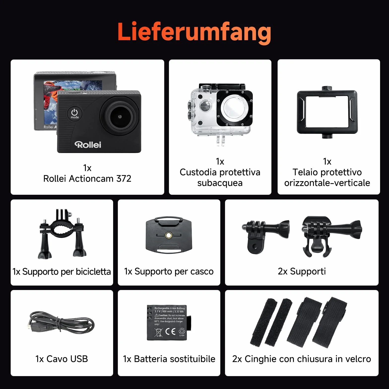Rollei Actioncam 372 - Action-Camcorder con risoluzione video Full HD da 1080p/30 fps, Obiettivo grandangolare, impermeabile fino a 30 m, incl. custodia subacquea - Nero