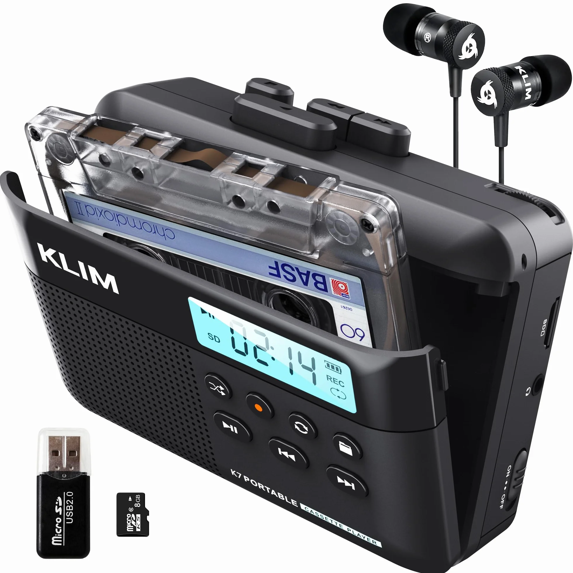 K7 Cassette Player MP3 Convertitore Lettore Audio Portatile con Microfono Altoparlante Batteria Ricaricabile Auricolari Scheda SD 8 GB Nero