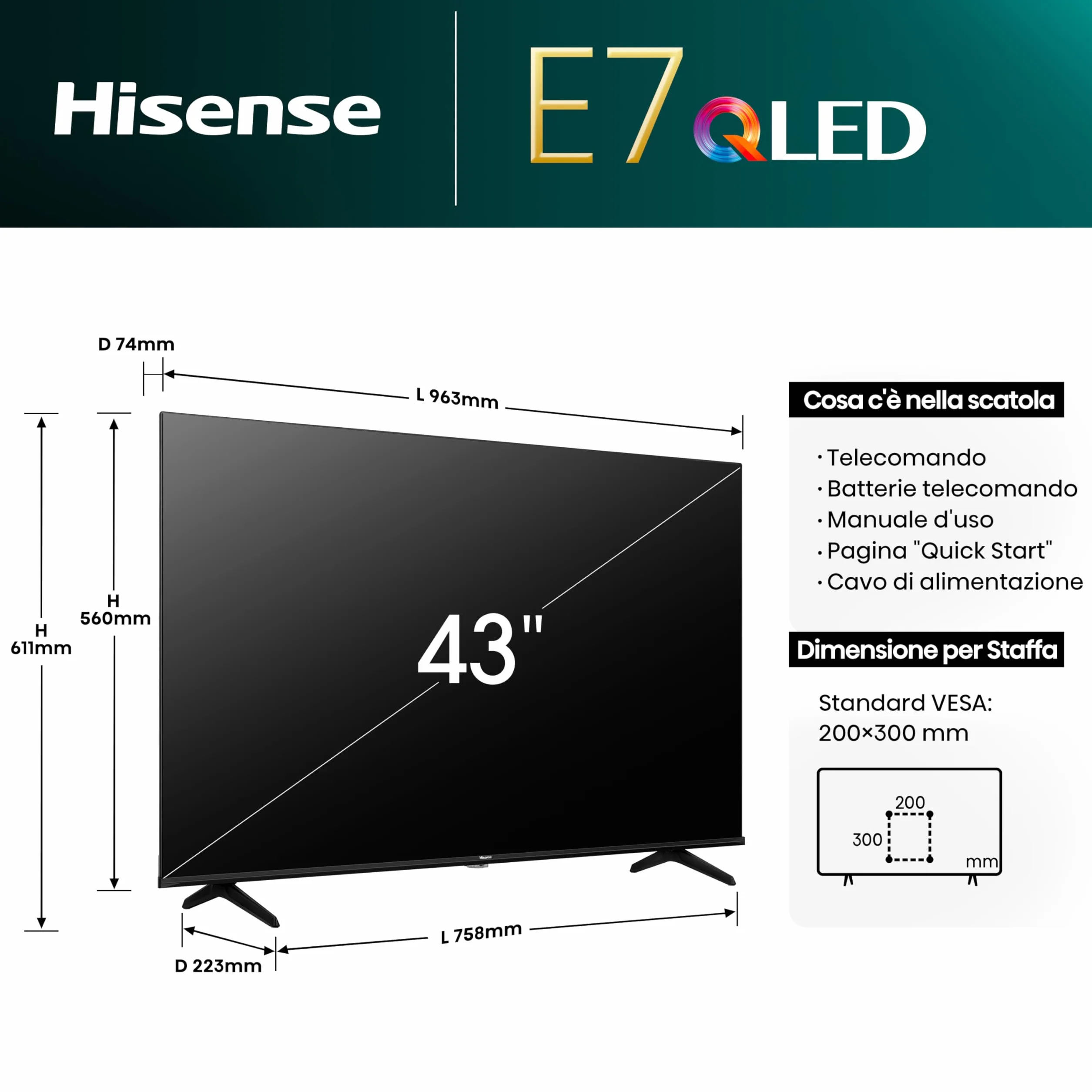 Hisense TV 43" QLED 4K 43E77NQ, Smart TV VIDAA U7, Dolby Vision, HDR 10+, Game Mode Plus, Dolby Atmos, Alexa Built-in, VIDAA Voice, Tuner DVB-T2/S2 HEVC 10, lativù 4K