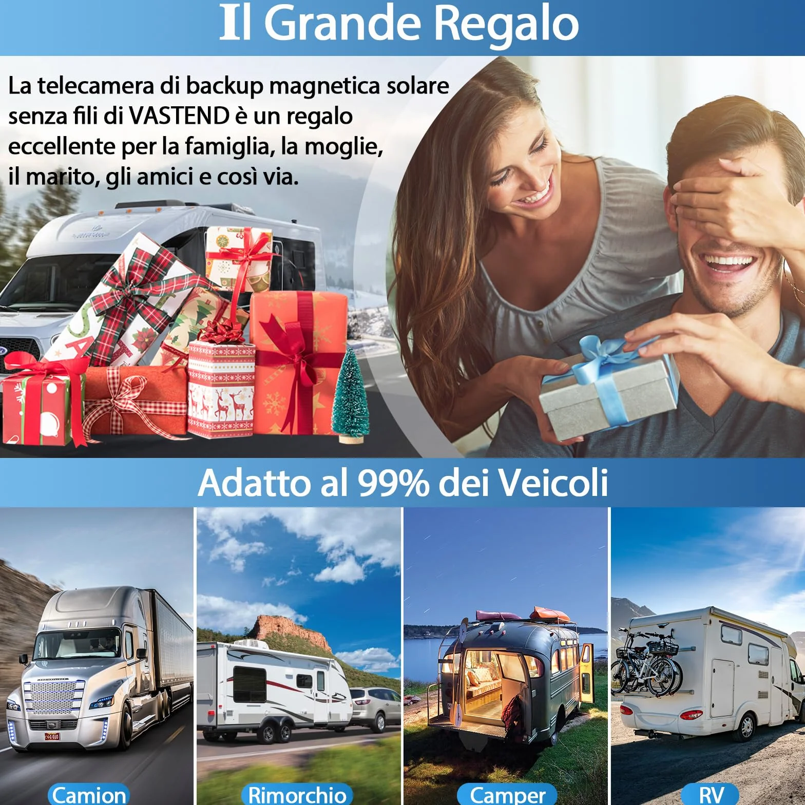 Retrocamera Auto Wireless Solare, Magnetica Telecamera Retromarcia con 10000mAh Batteria Ricaricabile, 7 Pollici 1080P Monitor, 170° Grand Angolare, per Camion, Auto, Roulotte(VS-7A)