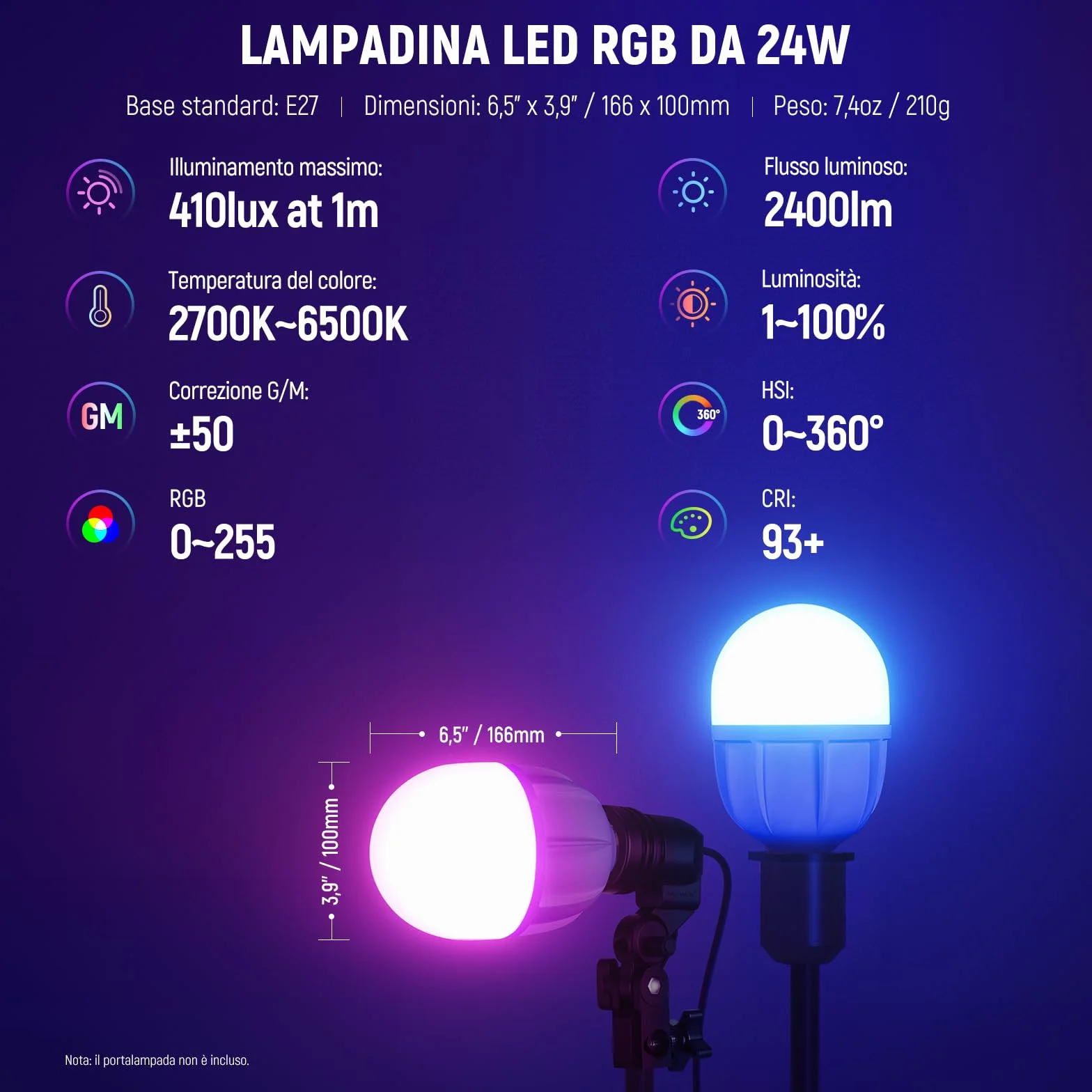 NEEWER Lampadina LED RGB per Fotografia, Confezione da 2, Controllo App, Lampadina LED 26W con 9 Effetti, 400lux/m 2700K-6500K CRI93+ TLCI98+, Base E26 per Kit di Illuminazione Softbox Studio, T100C