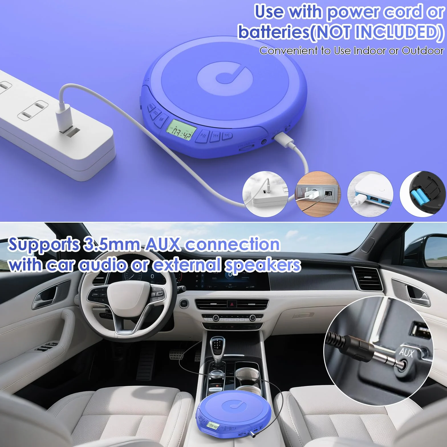 Gueray Lettore CD portatile Dsicman: con auricolari per auto con anti-skip antiurto con display LCD Supporto funzione di ripetizione memoria PROG (blu)