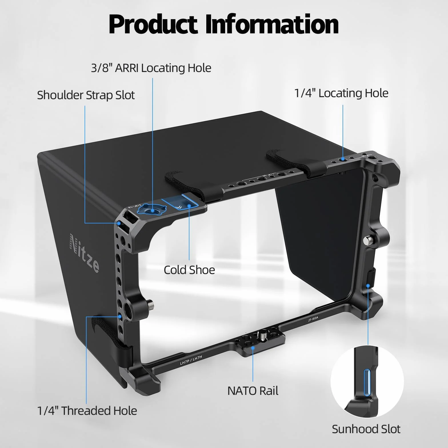 Nitze Gabbia per Monitor per PortKeys LH7C / LH7P / LH7H con PU Leathe Sunhood, Monitor Cage con NATO Rail Integrata e Cold Shoe - JT-I03B