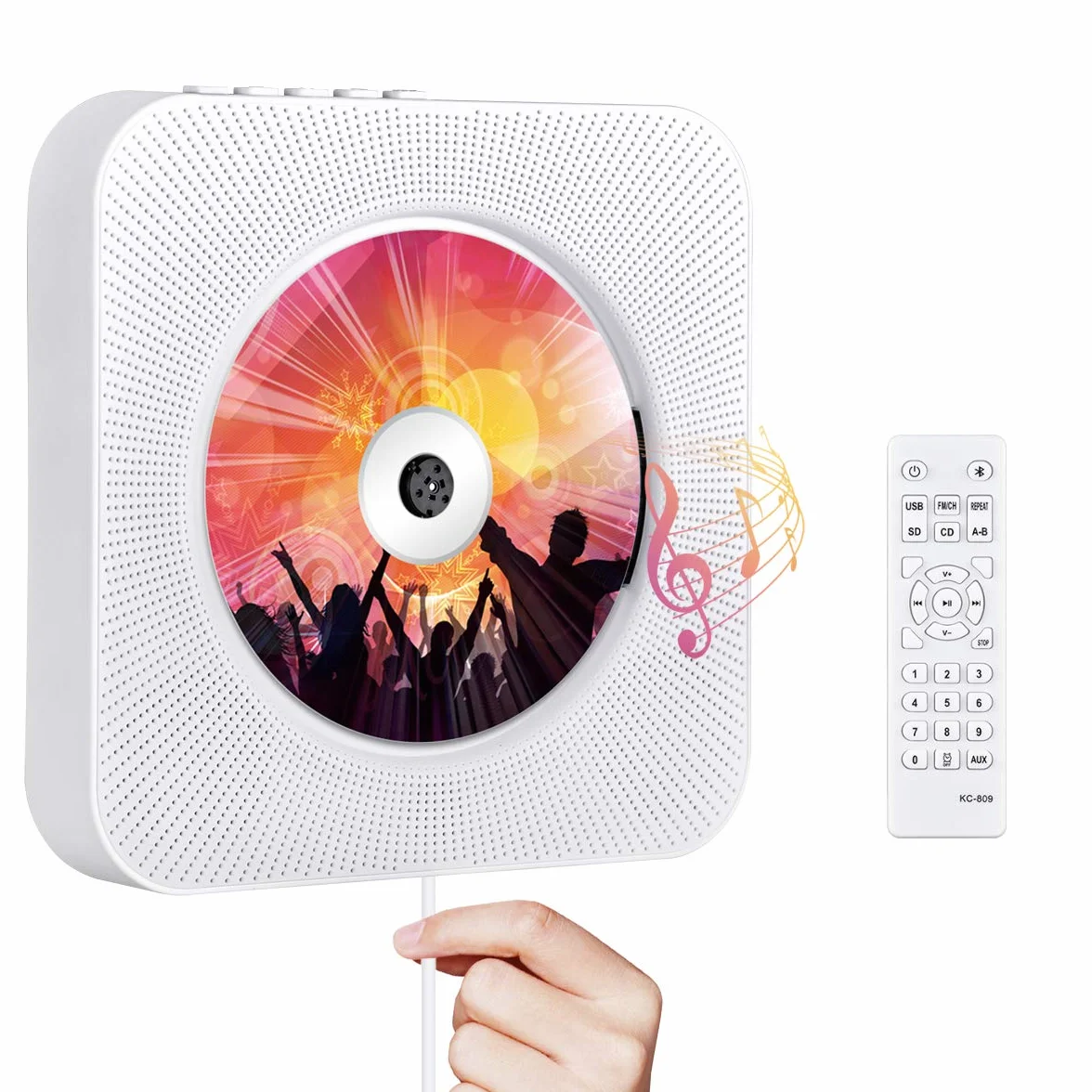 Lettore CD Portatile Qoosea Lettore Musicale Montabile a Parete Altoparlanti HiFi Bluetooth Integrati con Telecomando Radio FM Ingresso 3,5 mm AUX con Interruttore a Tirante
