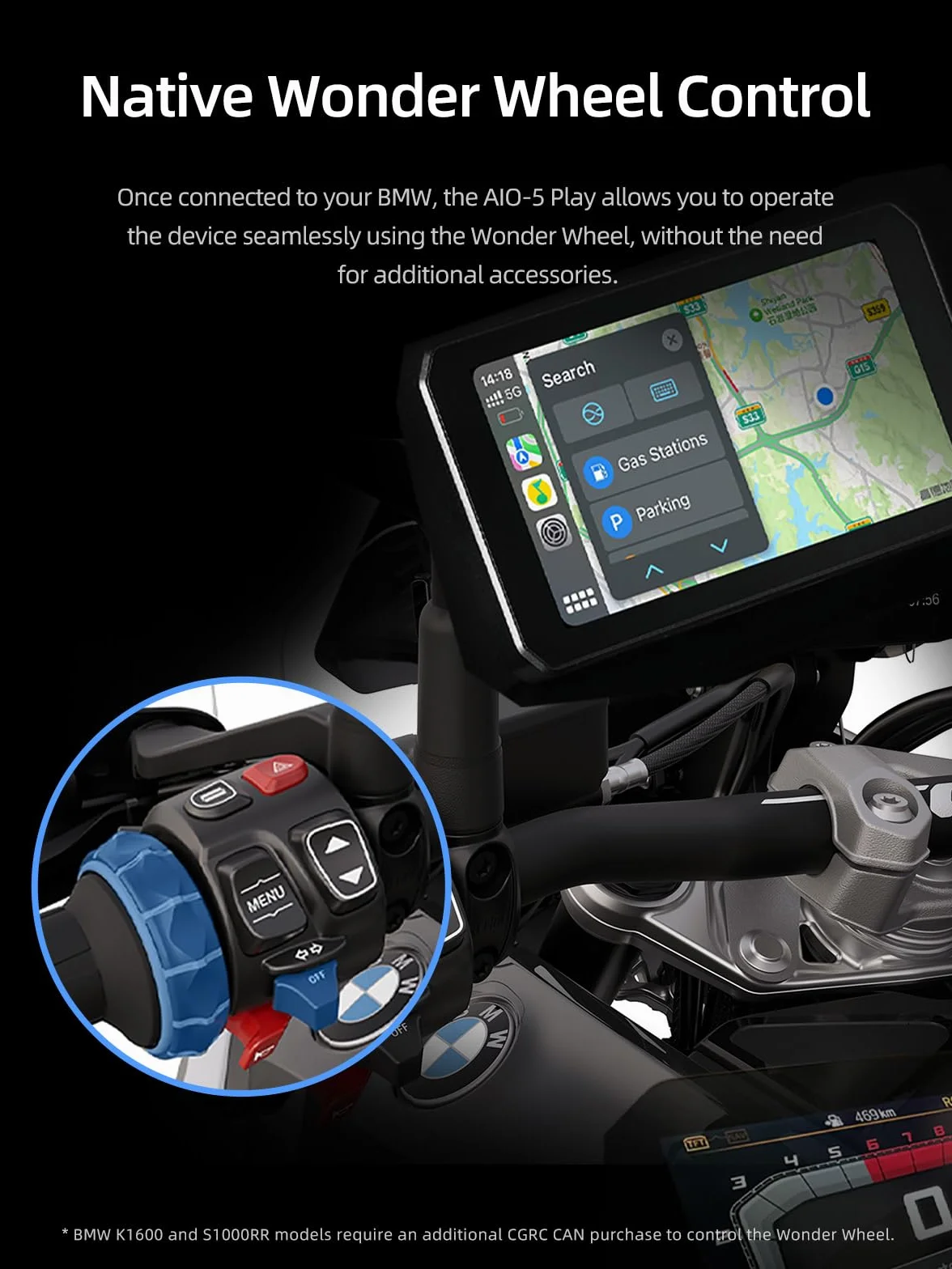 CHIGEE for AIO-5 Play for BMW Motorcycles, 3-Pin Interface, Plug-and-Play Smart Display with Apple CarPlay & Android Auto, 60FPS, IP68 Waterproof, Built-in GPS, Anti-Theft Alarm, Data Reading