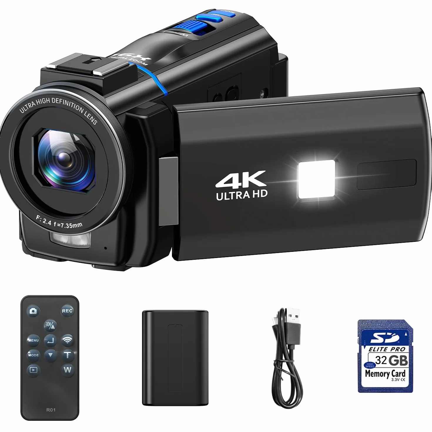 Camcorder 4K 48MP Videocamera YouTube, Visione Notturna IR Fill Light LED, Webcam Streaming, Schermo Tattile 3" 270°, 32GB SD, Telecomando, Batteria, Camera Vlog Principiante Economica