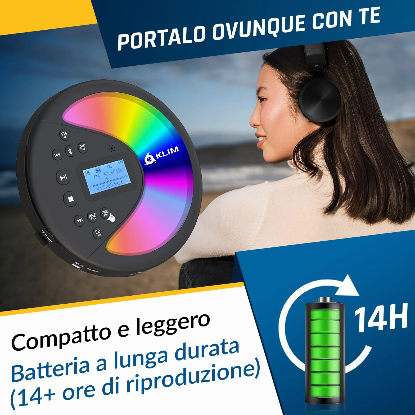 KLIM Discover con le Cuffie + Lettore CD HiFi portatile + NUOVO + Radio FM + Compatibile con MP3 CD Audiolibri + Lettore CD per auto + Supporta Bluetooth per Auto, scheda SD, Trasmettitore FM