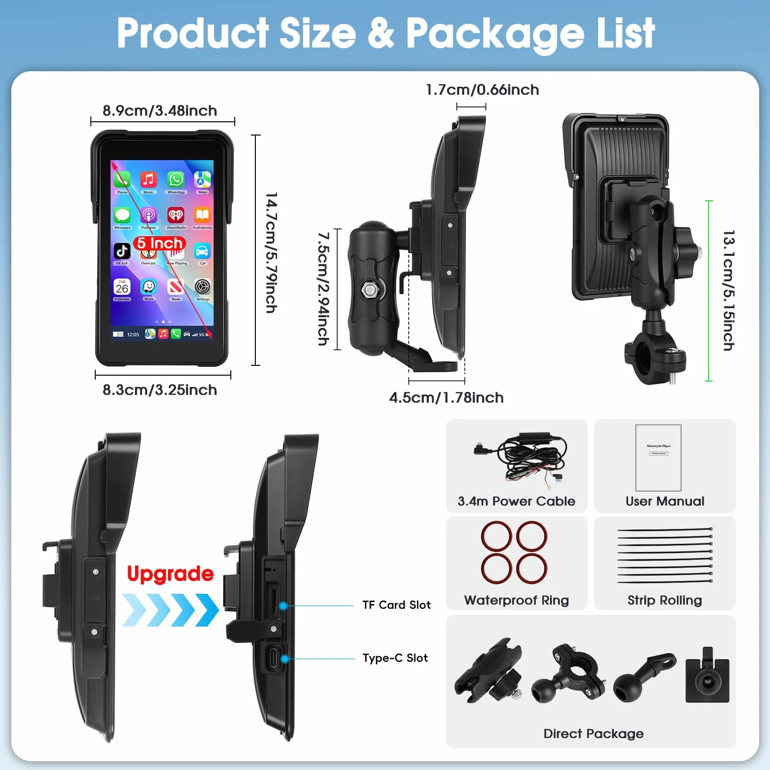 Navigatore per moto con Apple CarPlay e Android Auto Wireless, Autoradio Portatile Touchscreen HD 5 Pollici Bluetooth FM Impermeabile IP68