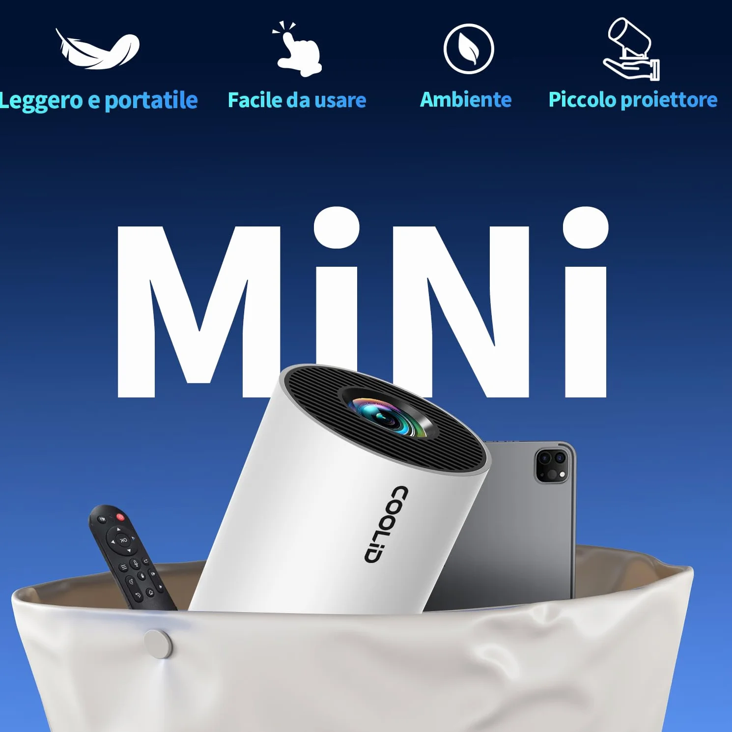 Mini Proiettore [App Integrata & 2026 Upgraded] Proiettore Portatile 4K 1080P con 5G WiFi 6 e BT 5.4 Supporta Rotativo 180° Correzione Trapezoidale Automatica Applicabile TV Stick/USB/HDMI,Bianco
