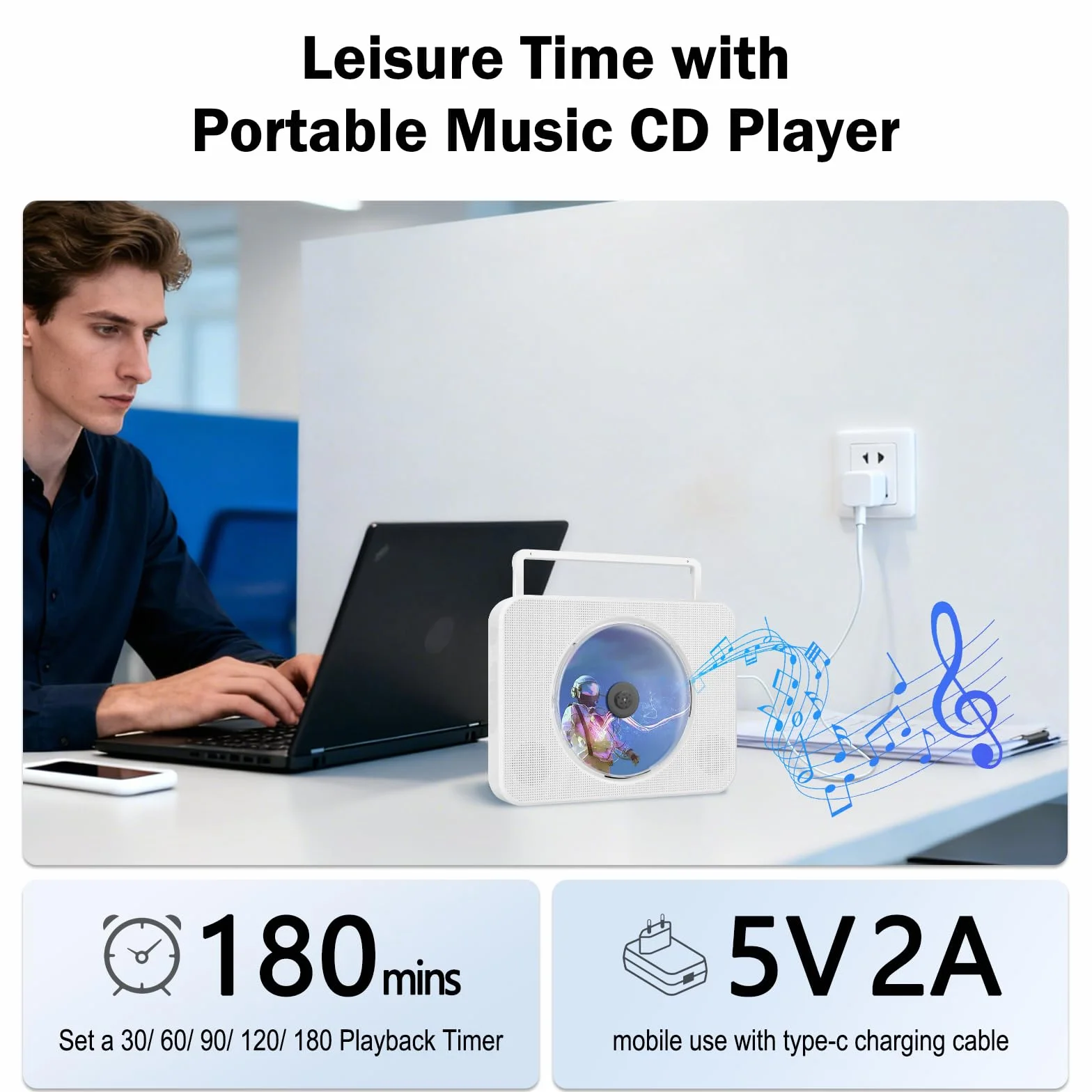 Lettore CD Portatile Bluetooth, lettore CD HIFI Stereo con supporto da tavolo, lettore musicali con telecomando con doppi altoparlanti HIFI integrati, porta USB, presa per cuffie AUX da 3,5 mm