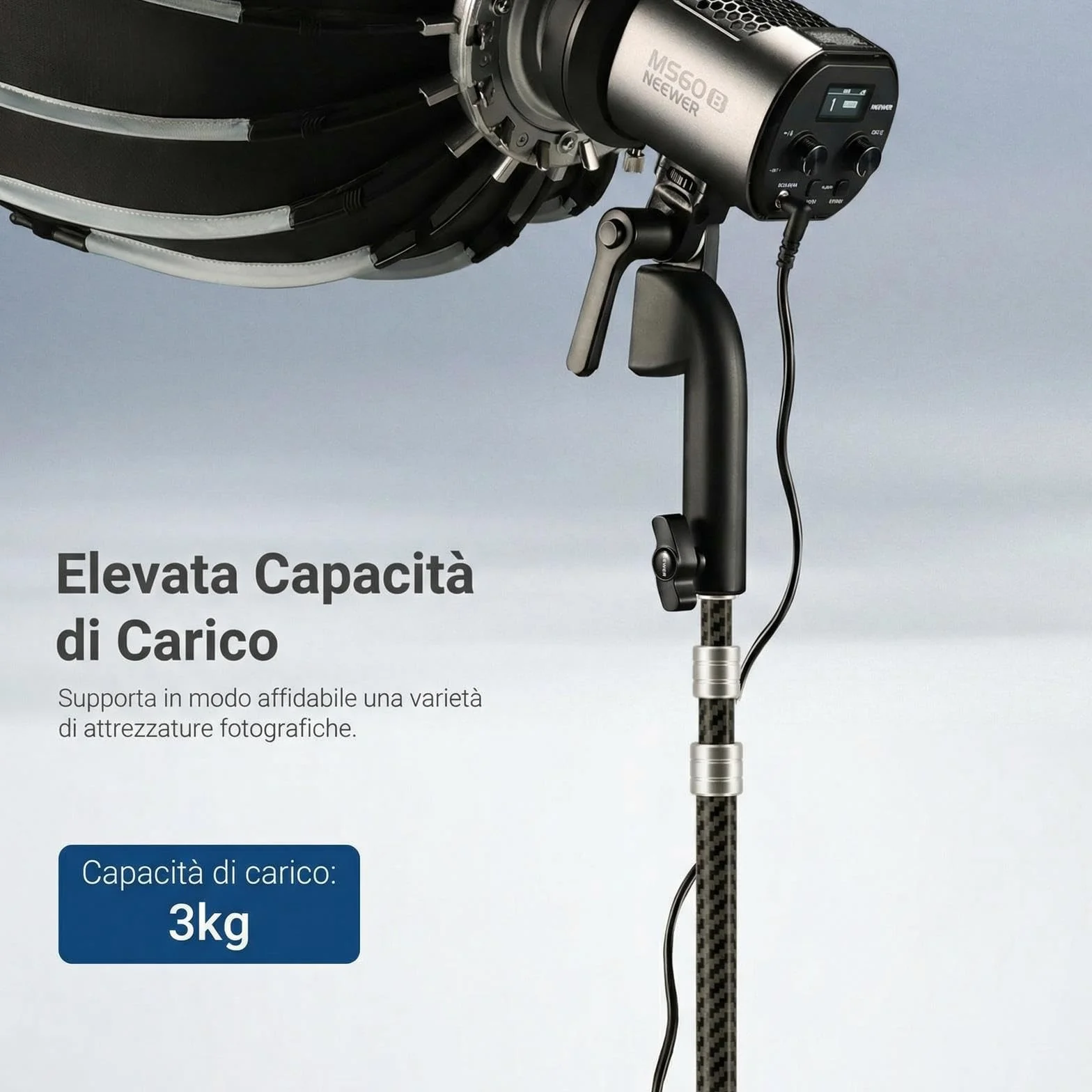 NEEWER Treppiede Luce in Fibra Carbonio con Gambe Reversibili, Stativo Luci Fotografiche Portatile Leggero 89-260cm per Strobo Softbox Ring Light Action Cam DSLR per Streaming Video, Max 3kg, ST260C