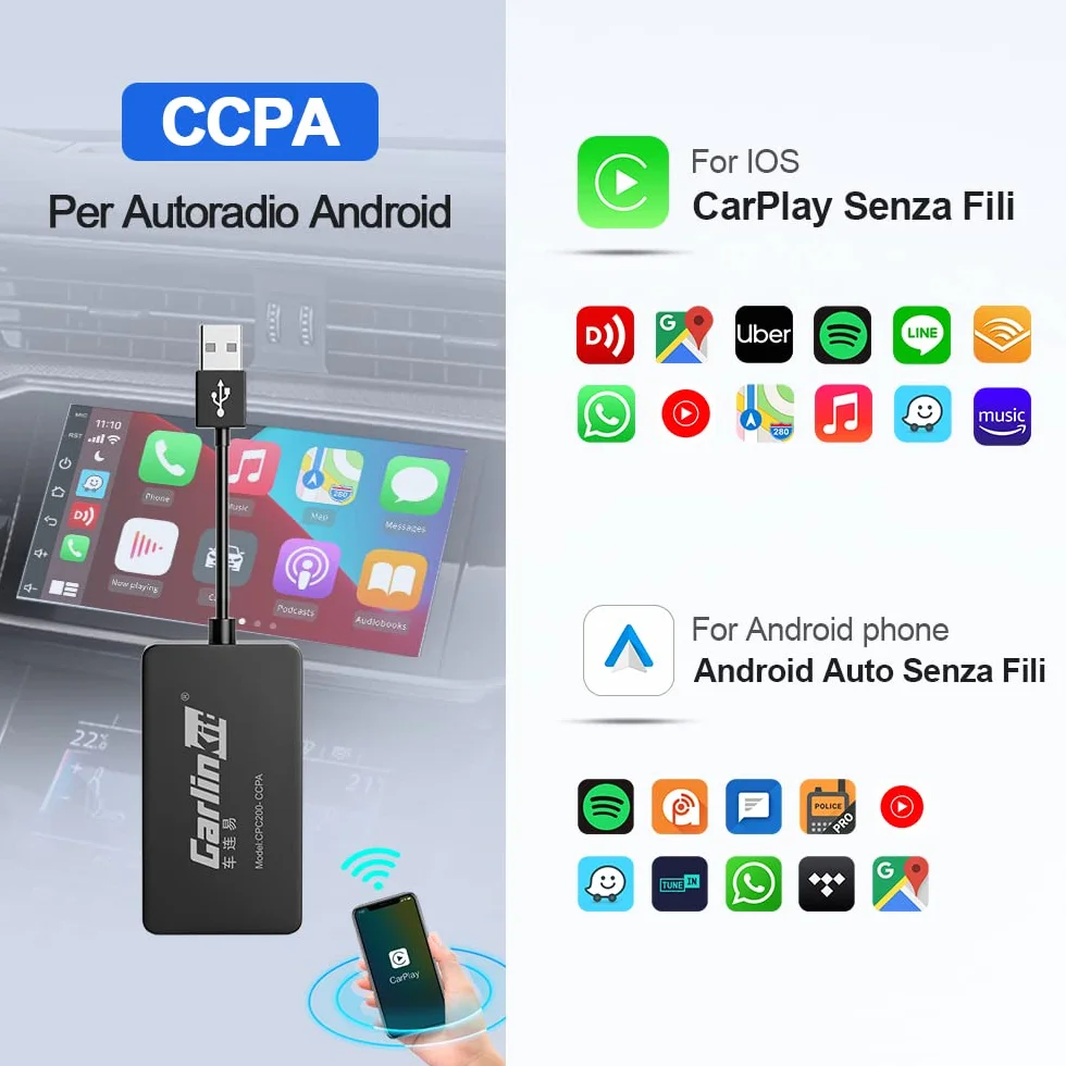 Carlinkit Nuovo adattatore auto CarPlay/Wireless Android senza fili per radio Android aftermarket versione 4.4+, necessità di installare APK su auto, supporto specchio cablato/IOS 16