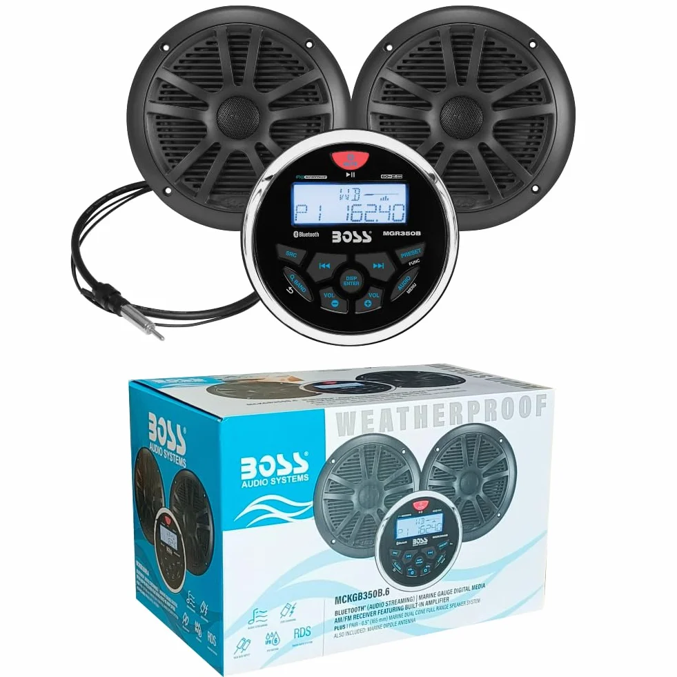 SET PER BOSS AUDIO SYSTEMS MCKGB350B.6 1 kit marino con stereo ricevitore AM/FM bluetooth waterproof, una coppia di altoparlanti MR6B 16,5 cm 90 watt rms 180 watt max, una dipole antenna, 1 kit