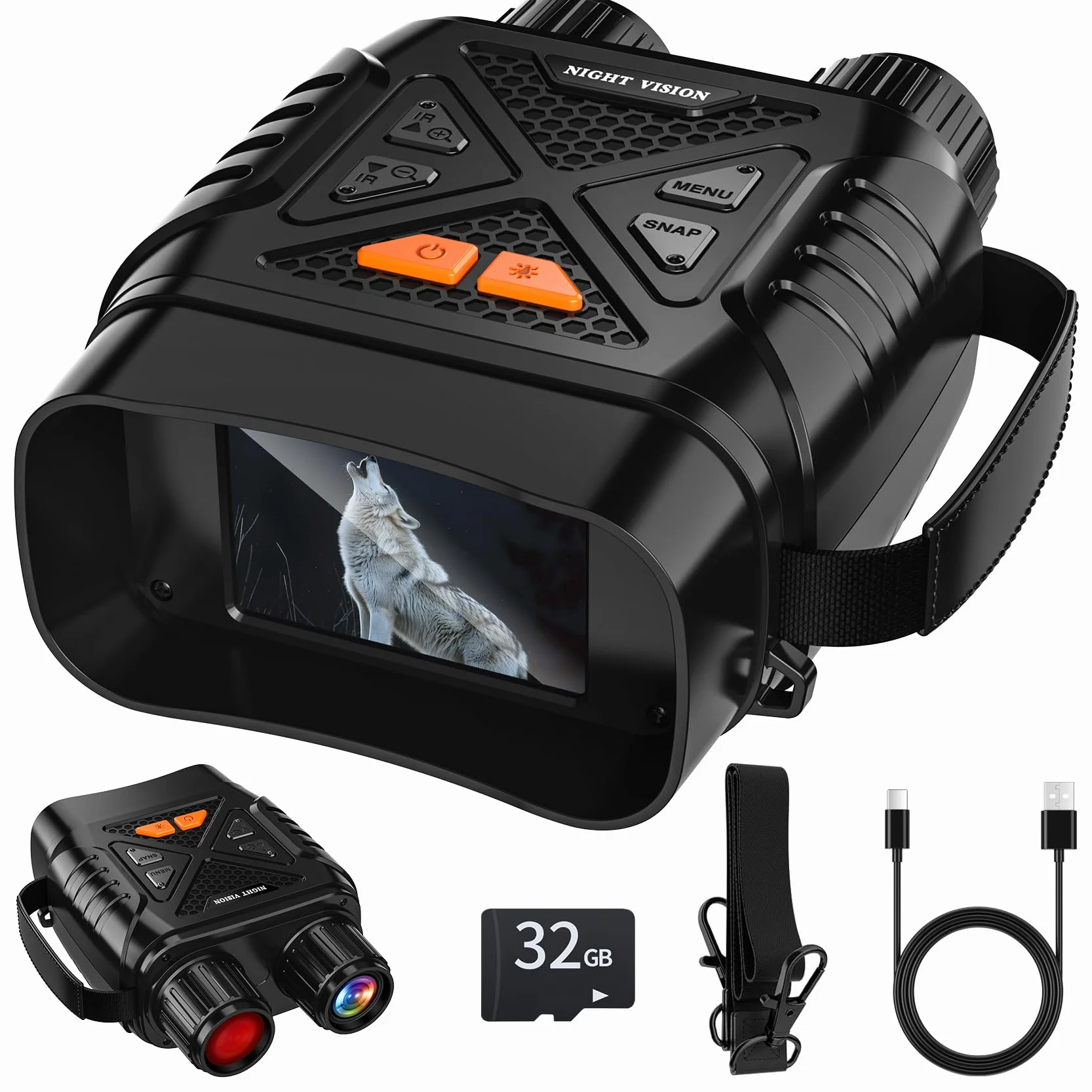 GlobalCrown Visore Notturno binocolo visione notturna,Binocolo infrarossi con zoom 10x e scheda 32GB per foto e video,Cannocchiale per l'osservazione della fauna selvatica,caccia e pesca notturna