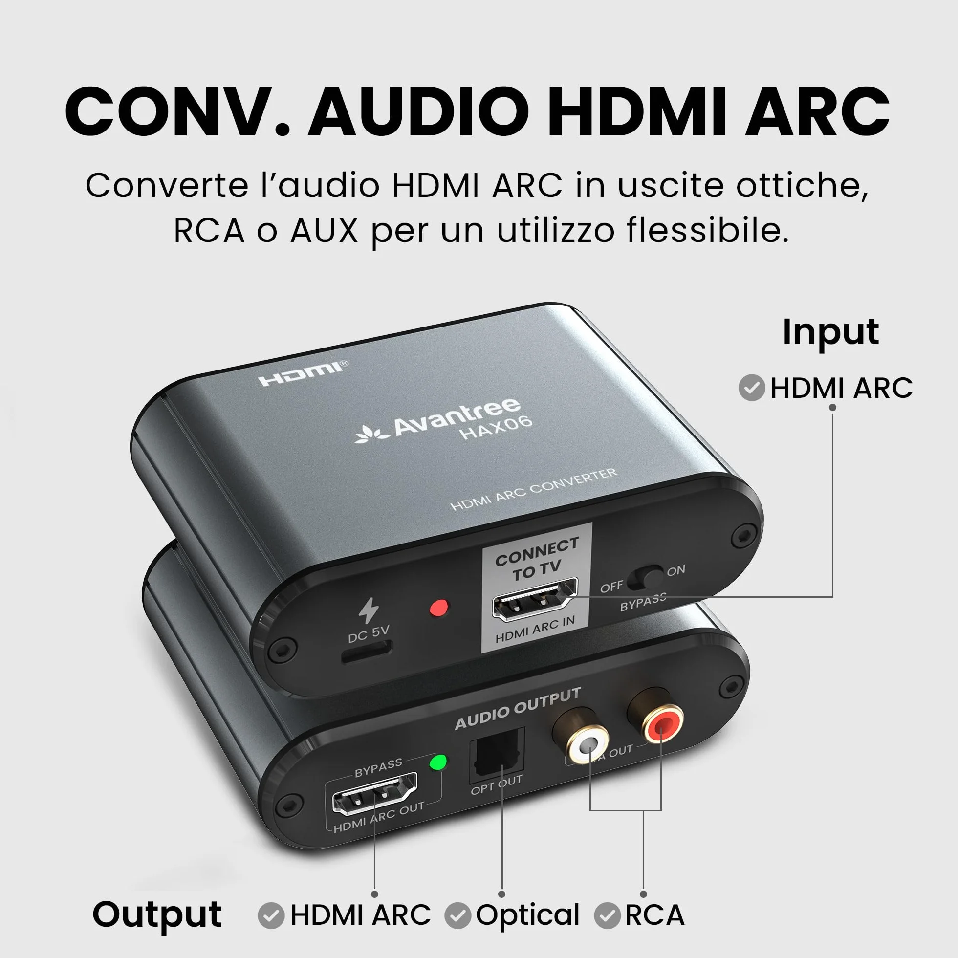 Avantree HAX06 – Estrattore audio HDMI ARC con passthrough per uso simultaneo con TV, soundbar e cuffie, uscite ottiche e RCA