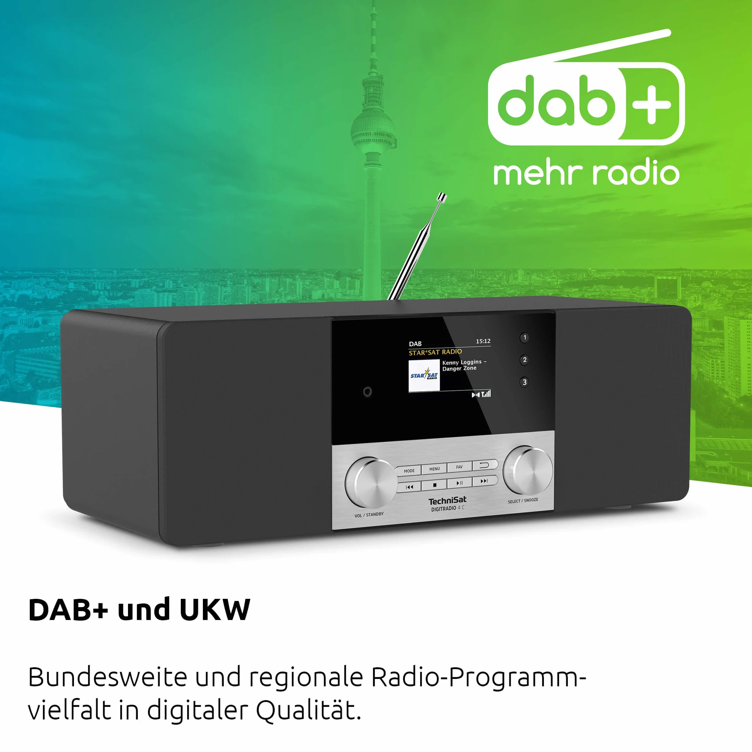 TechniSat DIGITRADIO 4 C - Radio digitale stereo (DAB+, FM, display a colori OLED, streaming audio Bluetooth, presa per cuffie, ingresso AUX, radiosveglia, 20 Watt RMS, altoparlante Elac) nero