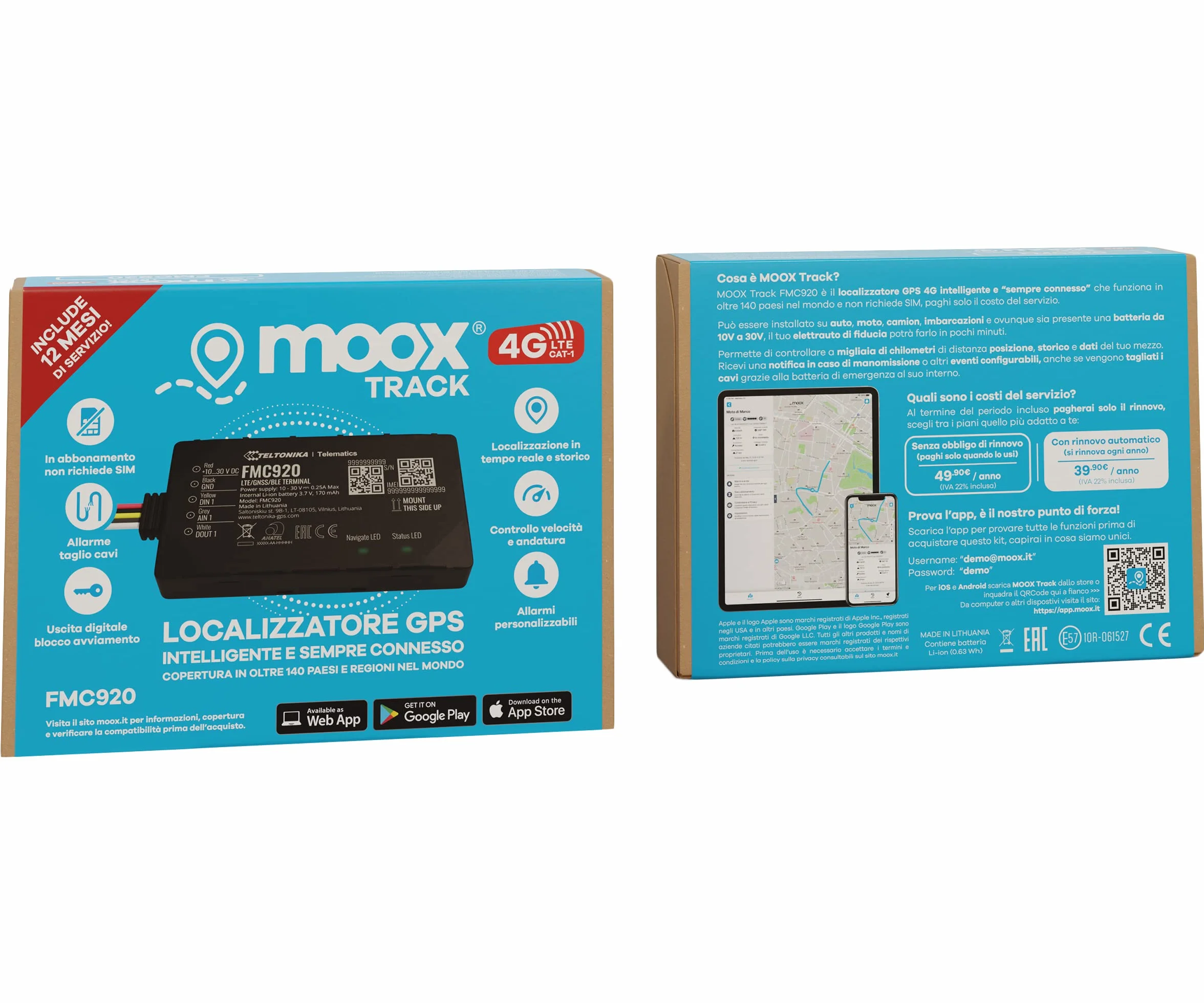 MOOX Track 4G Localizzatore Gps per Auto, Moto, Camion, Barca - App Facile da Usare, Posizione in Tempo Reale, Allarmi e avvisi - Sim e Traffico Incluso per 12 Mesi - Sempre Connesso - Blocco motore