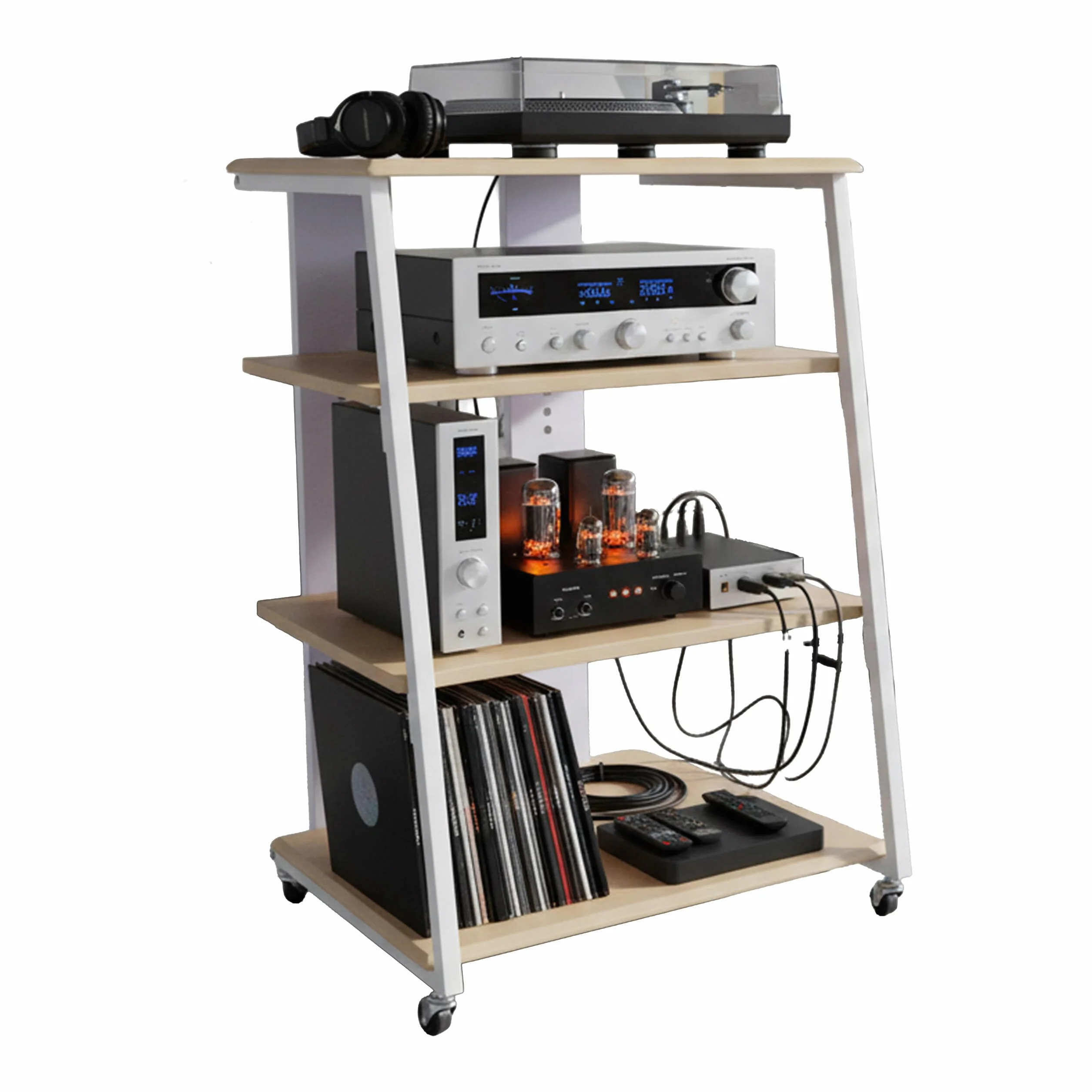 Relaxdays HiFi Rack, 4 Ripiani, per Giradischi/Stereo, Metallo/MDF, 78x61x52 cm, Mobile multimediale, Naturale/Bianco
