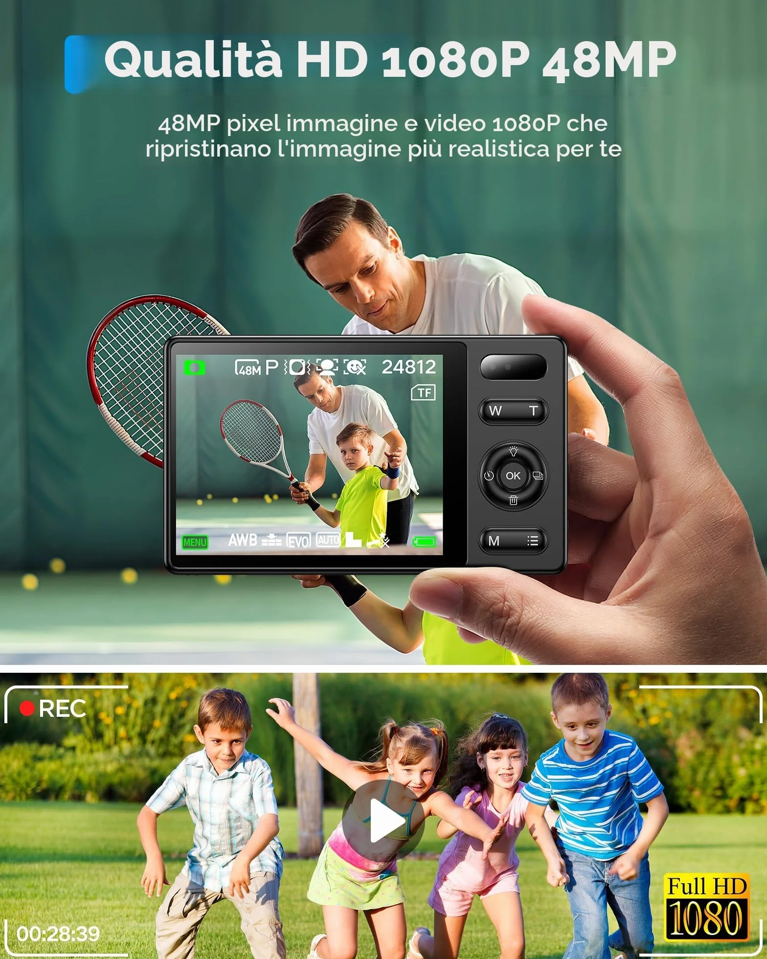 Fotocamera Digitale Bambini Compatta 64GB: 48MP Fotografica Anti-Shake Fotocamera Vlogging per YouTube 16X Digital Zoom Photo Filtrazione Ripresa Continuo Automessa a Fuoco Fotocamera