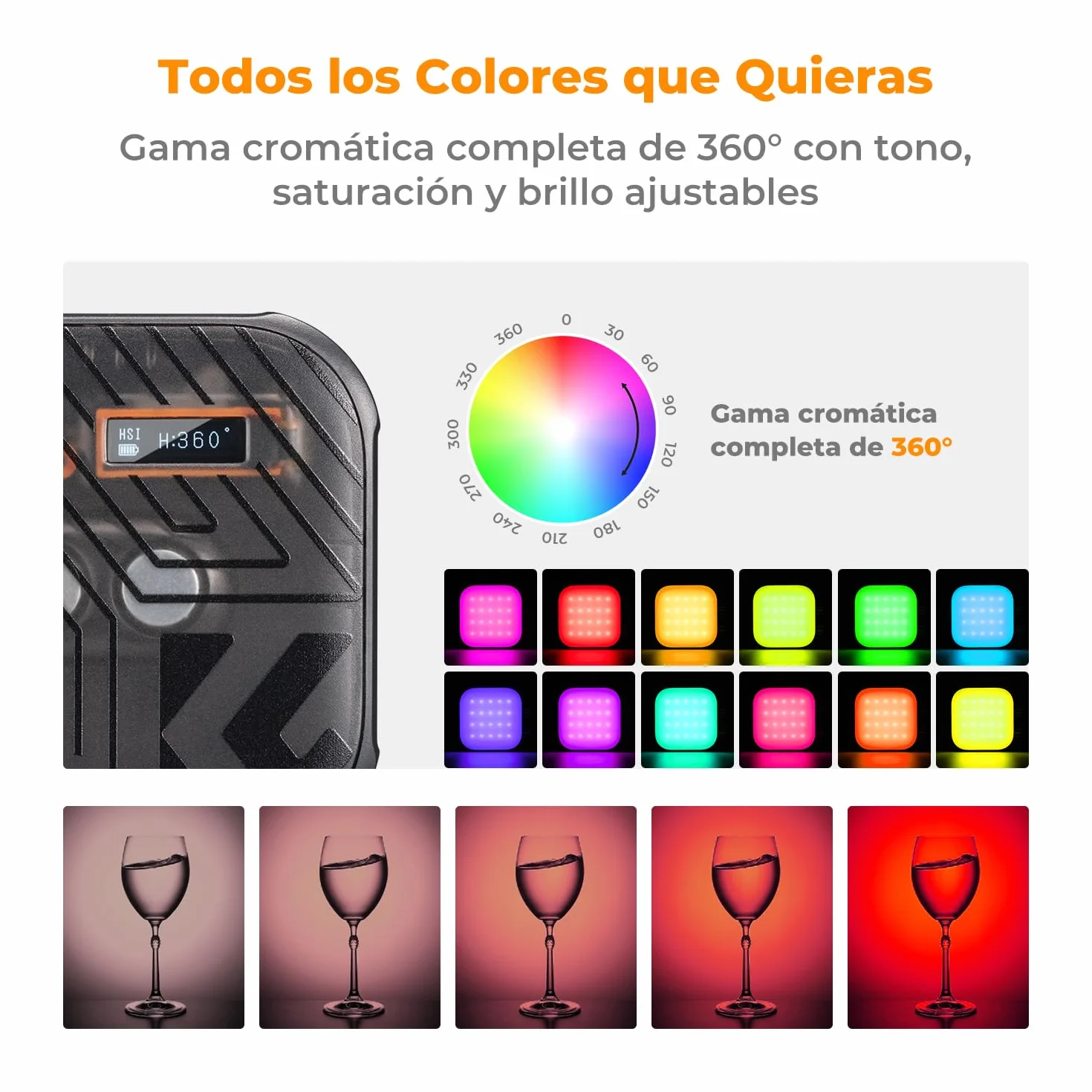 K&F CONCEPT Luce video RGB, Luce Fotografica Portatile a Colori a 360°, 21 Effetti Luminosi, 2500K-9900K CRI 96+, per Vlogging, selfie, Fotografia di oggetti, Nero