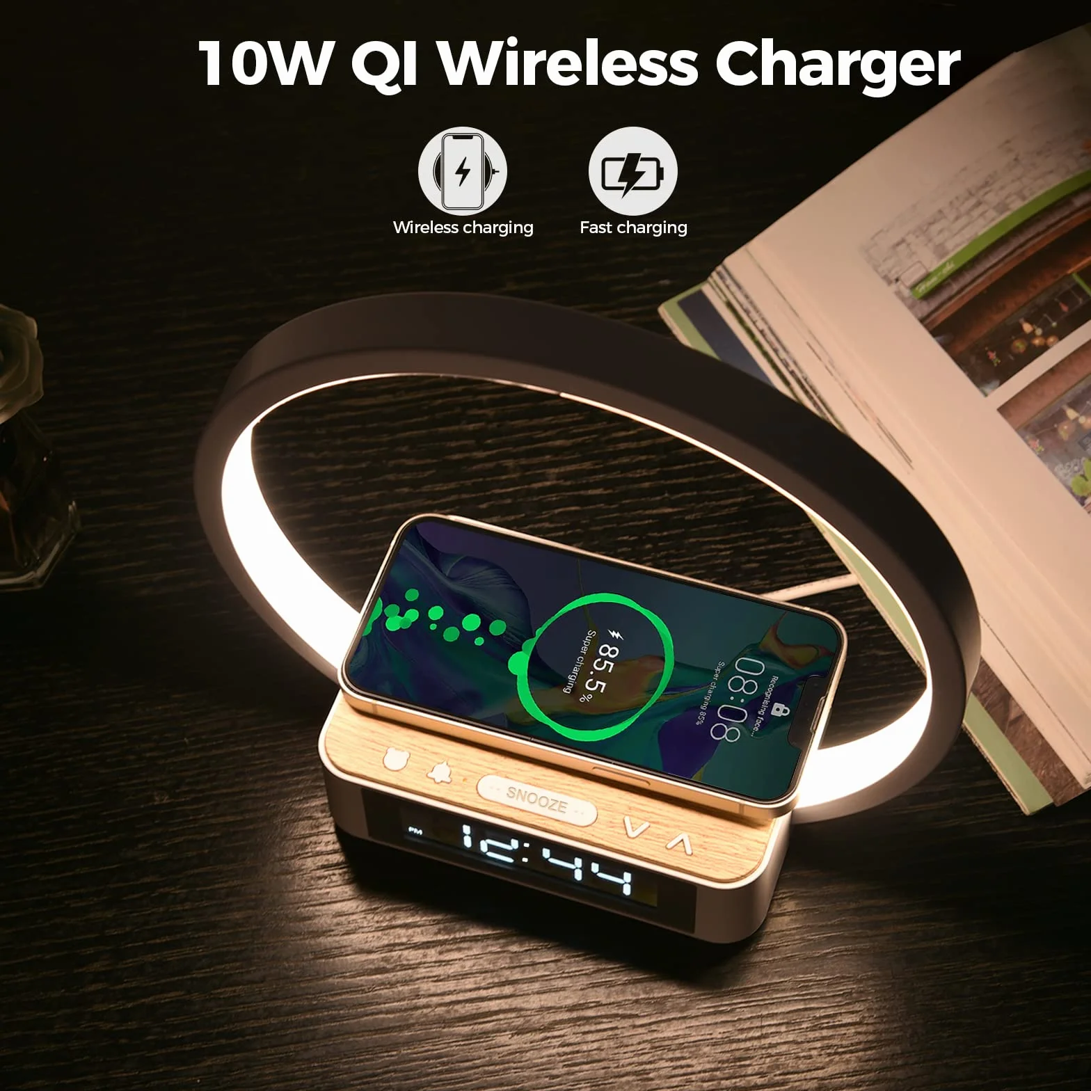 blonbar Lampada Da Comodino Con Caricabatterie Wireless Da 10 W, Luce Sveglia Con Controllo Touch Dimmerabile, Caricabatterie Wireless, 3 Livelli Di Luminosità Per Soggiorno Camera Da Letto