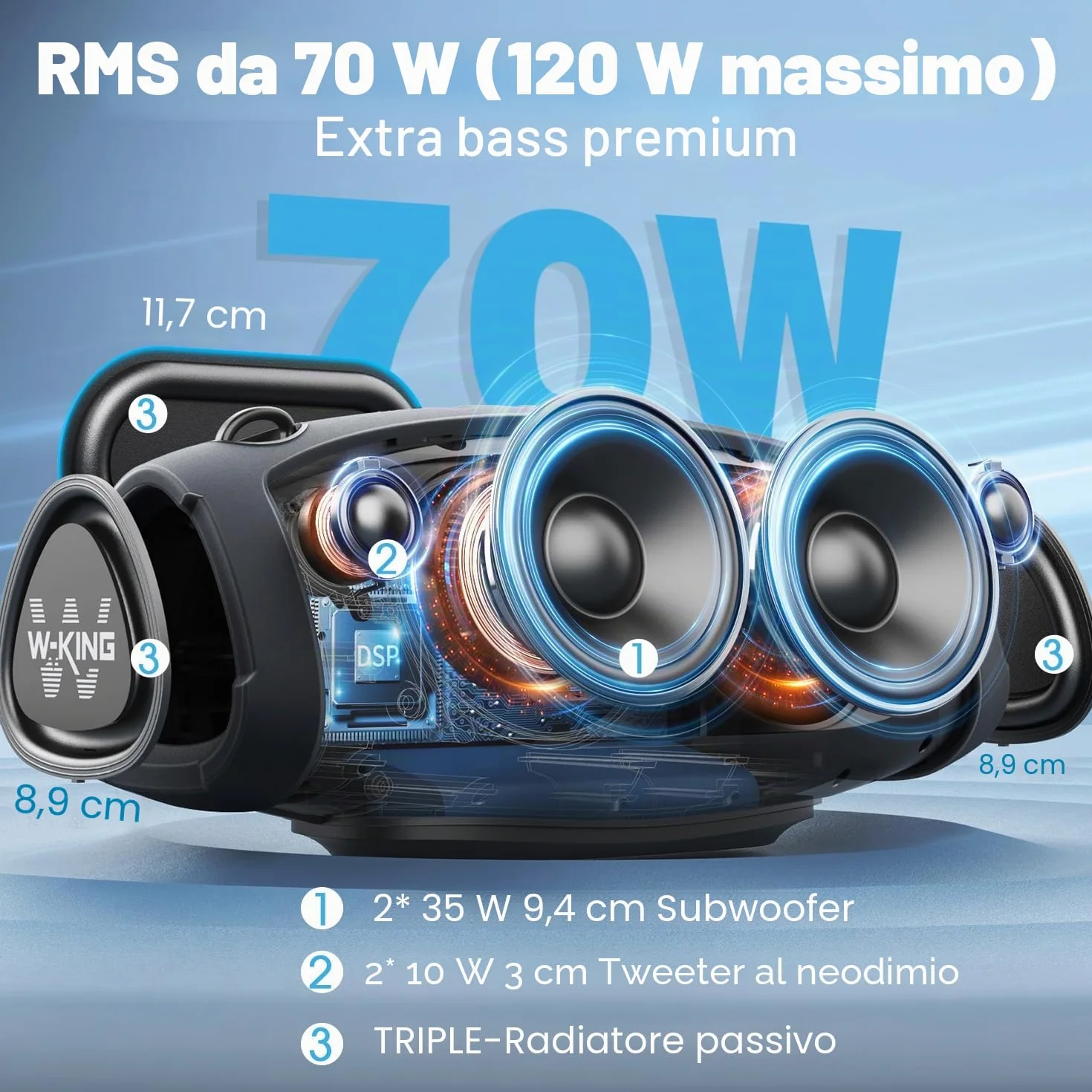 W-KING 120W PICCO 70W Cassa Bluetooth Altoparlante Potente Portatile Grande con Wireless Microfono, IPX6 Impermeabile per Esterni,Cinghia/Grande Basso/Accumulatore Di Energia/DSP/Audio/Sche TF/EQ/Apri