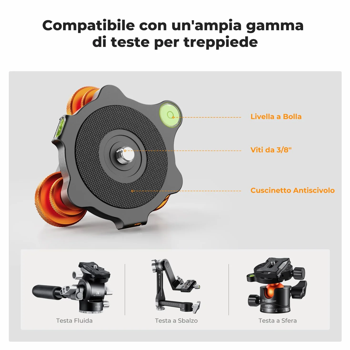 K&F Concept Base di Livellamento per Treppiede Fotocamera, Base in Alluminio con Vite da 3/8" e Adattatore a Vite da 1/4" a 3/8", Regolazione Precisa dell'angolo di ±5° per Fotografia Panoramica Micro