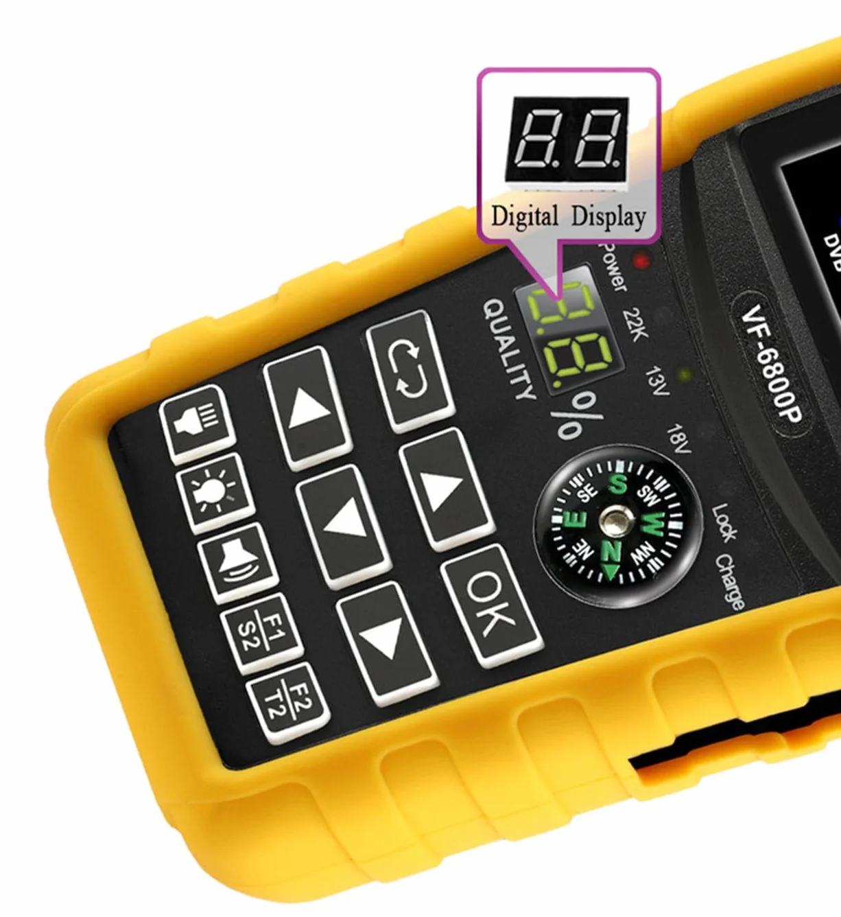 VF-6800P Misuratore di segnale satellitare DVB-S2/T-C MPEG4 Sat Finder Meter 2,4 pollici LCD HD Digital Satellite Finder per ricevitore TV, con bussola torcia
