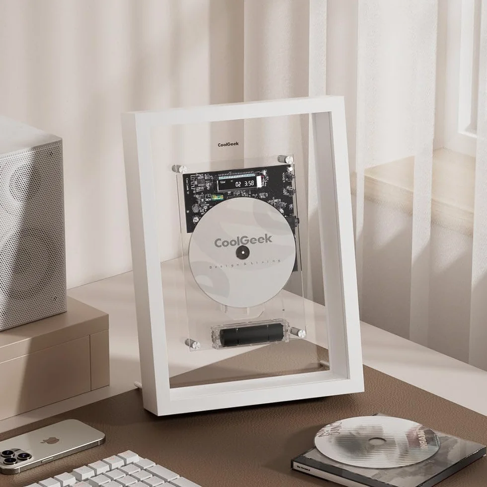 Lettore CD verticale M1 da parete o scrivania, design artistico industriale trasparente, trasmettitore CD Hi-Fi Bluetooth (altoparlante esterno richiesto), batteria ricaricabile 8 ore