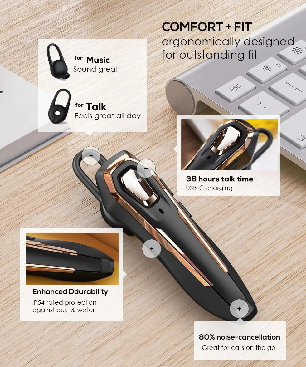 Auricolare Bluetooth Mono V5.4 con Cancellazione Rumore Microfono, 36 Ore di Autonomia, Connessione a due Dispositivi, Ideale per Guida, Ufficio e Telefonate Business