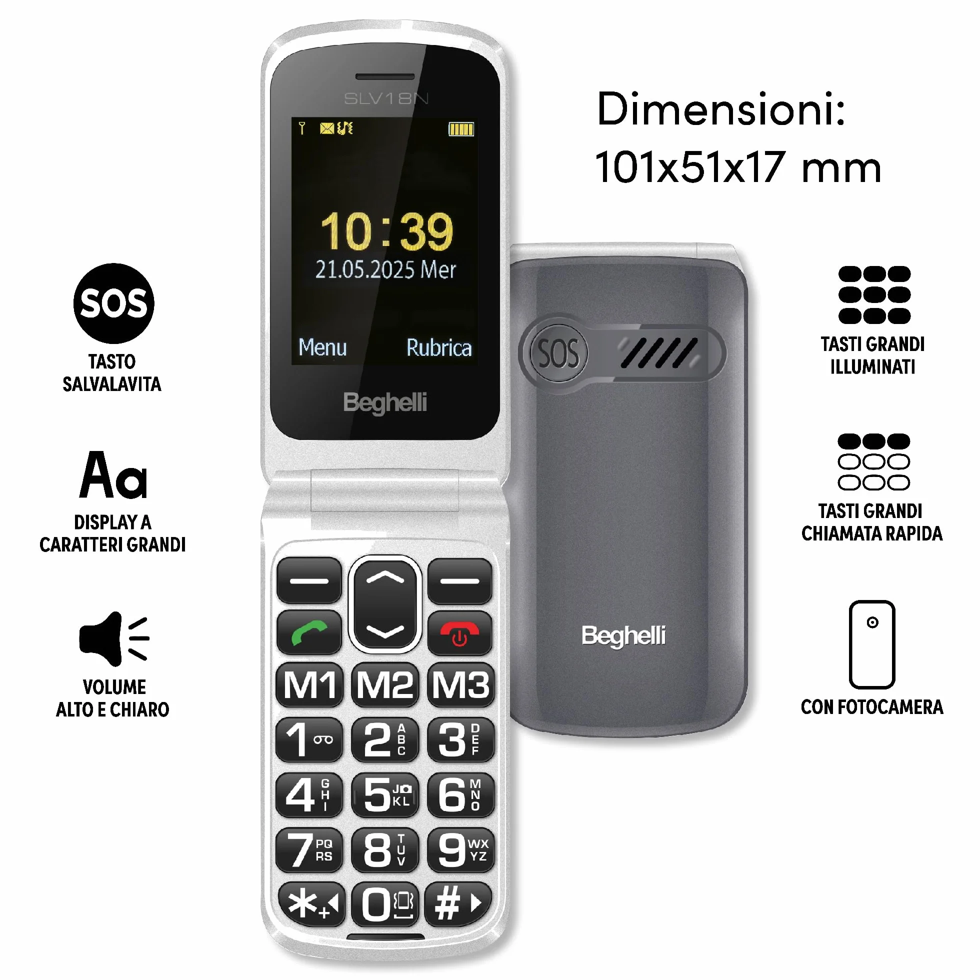 Beghelli Telefono Salvavita per Anziani, Salvalavita Phone SLV18N ECO - Cellulare GSM per Anziani, Tasto SOS, Tasti Grandi Retroilluminati, Vivavoce, Fotocamera, Torcia, Radio (Colore Grigio)