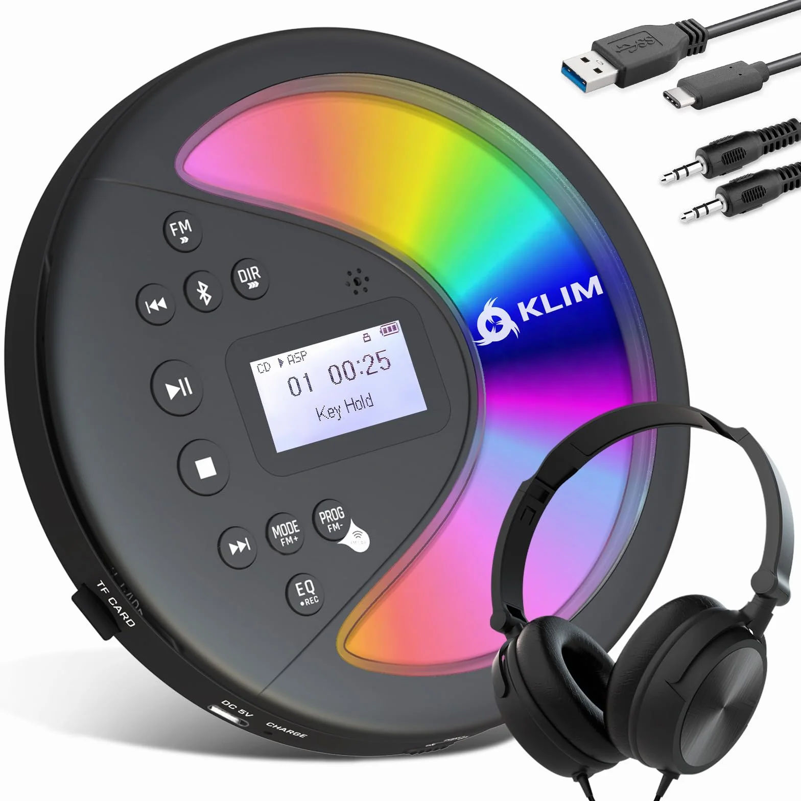 KLIM Discover con le Cuffie + Lettore CD HiFi portatile + NUOVO + Radio FM + Compatibile con MP3 CD Audiolibri + Lettore CD per auto + Supporta Bluetooth per Auto, scheda SD, Trasmettitore FM