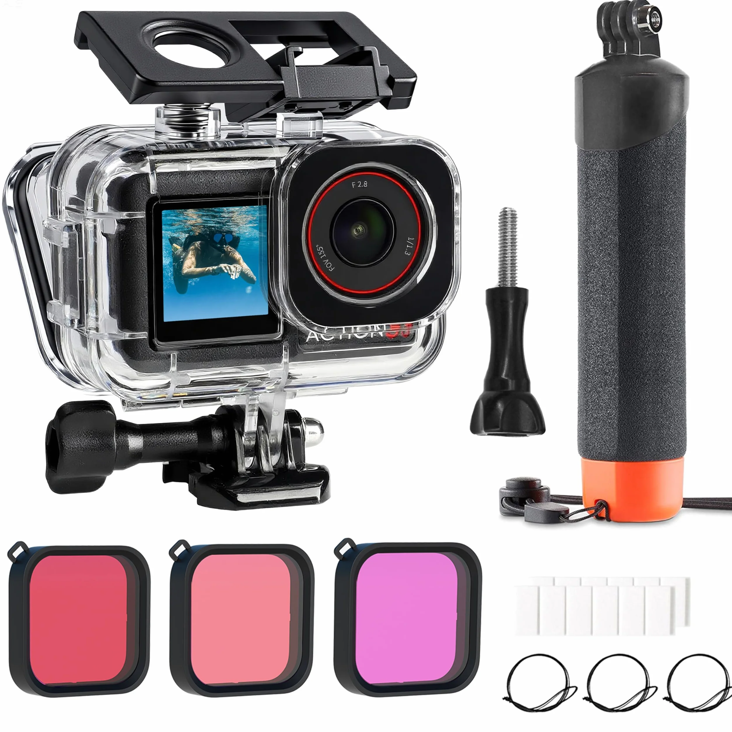 FitStill Custodia impermeabile da 50 m, 3 filtri e impugnatura galleggiante, compatibile con DJI Osmo Action 5 Pro, 4, 3, snorkeling, surf, wakeboard, kit di accessori