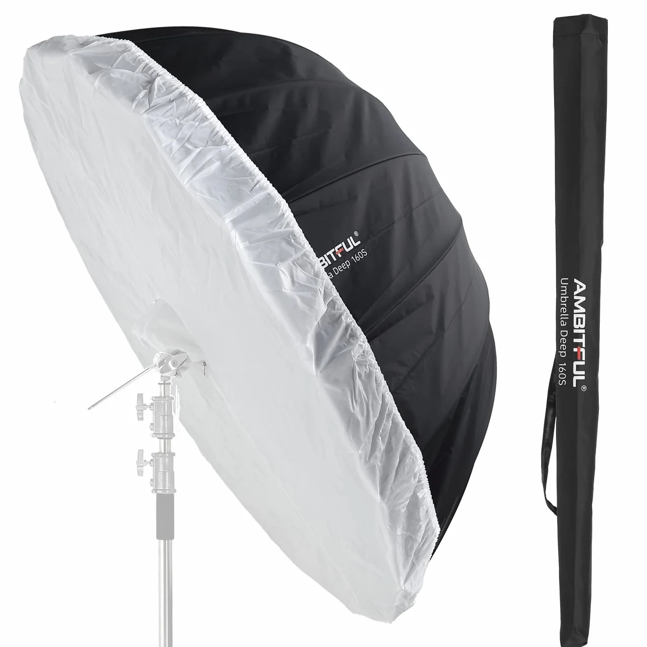 AMBITFUL UB-160W - Ombrello da studio con parabolico interno bianco, 160 cm, con panno di copertura per diffusore, colore: bianco