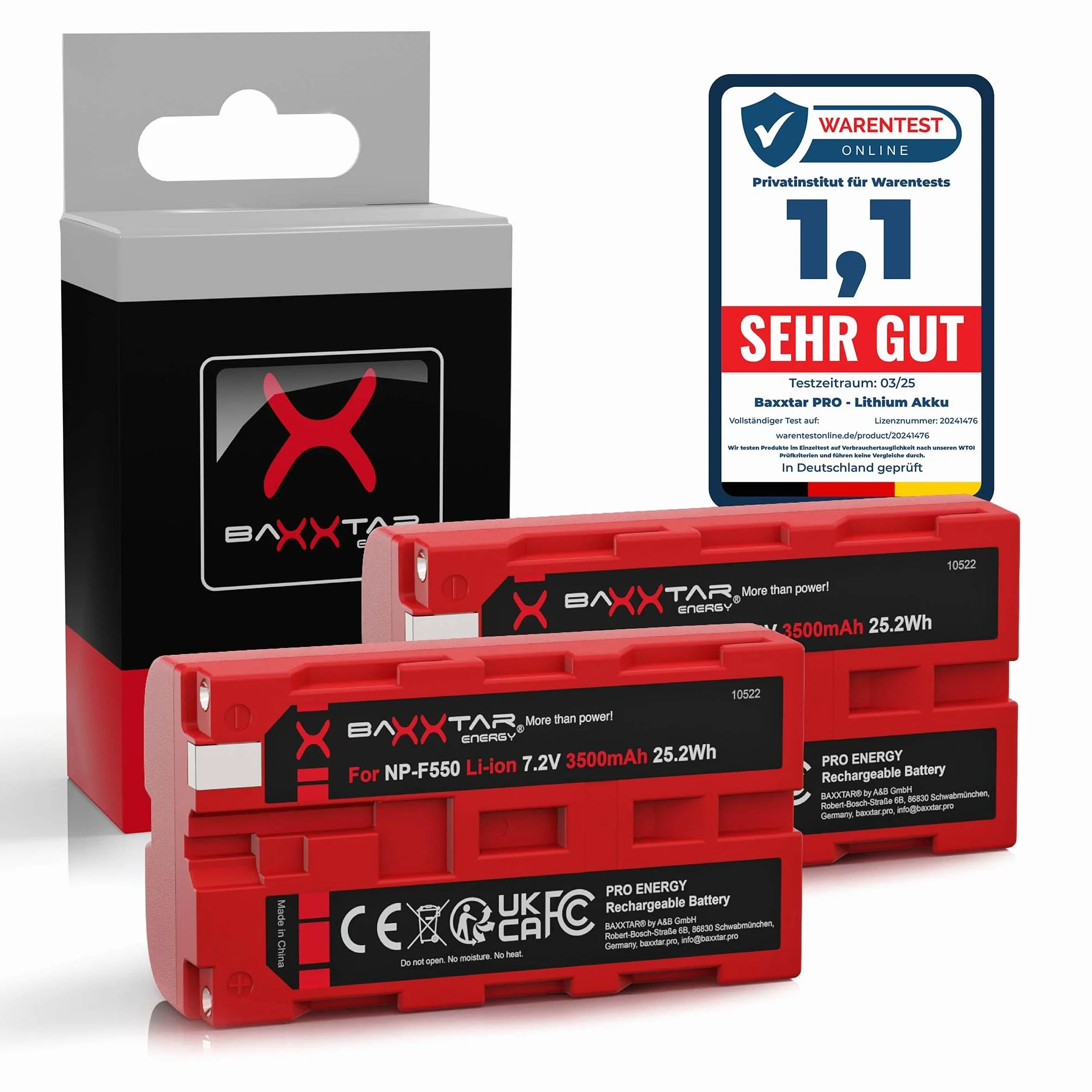Baxxtar PRO 2x Batteria NP-F550 NP-F570 (3500 mAh / 25,2 Wh) con celle LG – per luci video LED (CN-160 YN-300), monitor da campo e dispositivi Sony NP-F – formato compatto F550