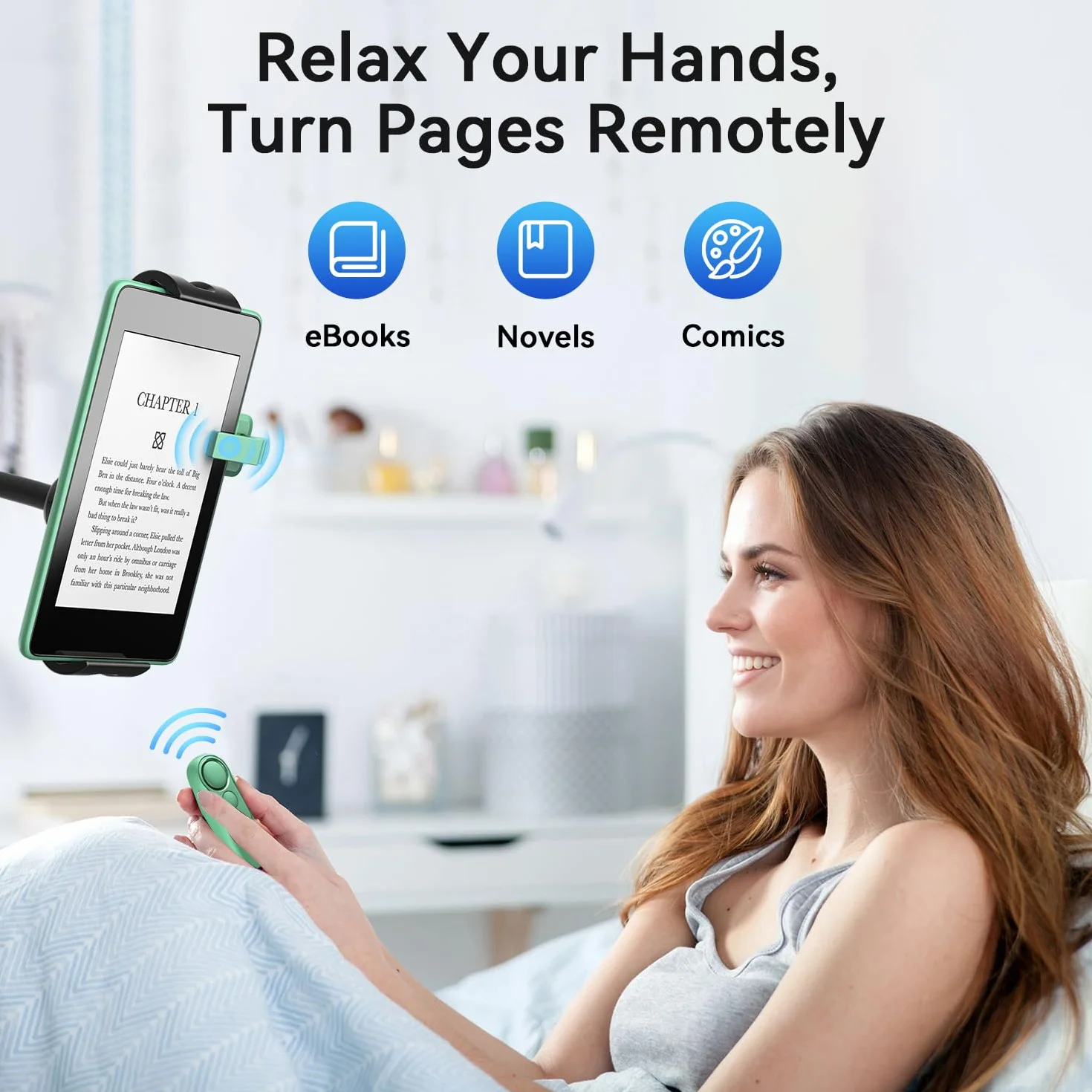 Supporto per Kindle con Telecomando Pagina Turner HKRC004 Verde, Regolabile per Lettura a Letto, Compatibile con Kindle iPad Tablet