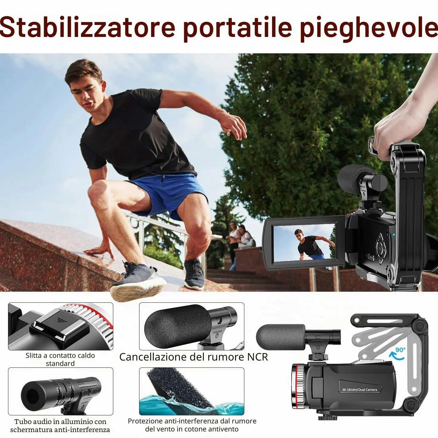 Videocamera 4K 64MP per YouTube, Dual Camera 3" Screen Girevole a 270°, Scheda 64GB, Microfono, Stabilizzatore, Telecomando, 2 Batterie