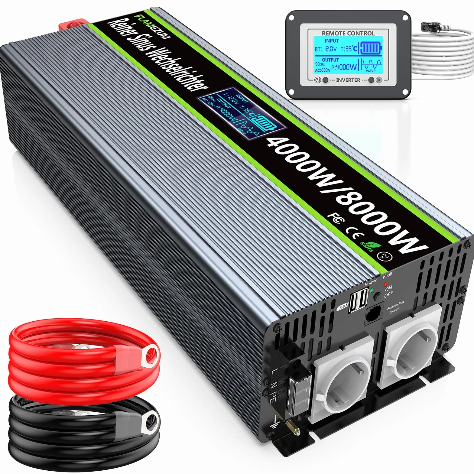 4000W/8000W Power Inverter 12v 220v Onda Pura Transformatore di Tension Convertitore Invertitore di Tensione-2 EU Presa con Uscita USB Telecomando Adatto per frigoriferi,Elettrosega
