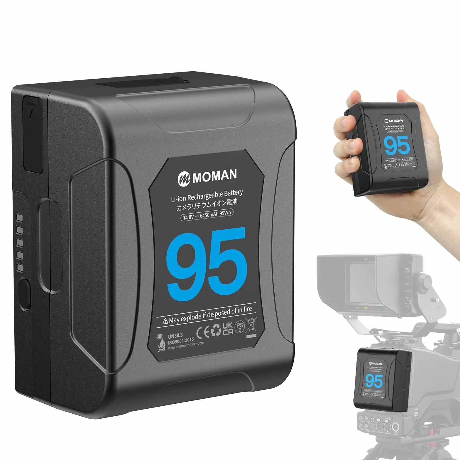 V Mount Batteria, Moman Power 95 Vlock Battery kit 95Wh/14.8V/6450mAh con Uscite 2×D-TAP/USB-A/BP, Piccola Batterie per Camere DSLR Canon Sony BMPCC 4k Monitor Smartphone, V-Mount-Mini-VLock-Batteria