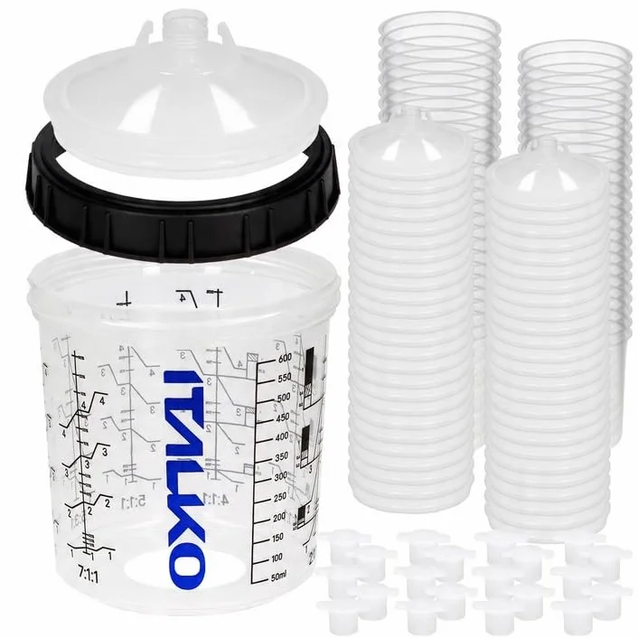 Set di bicchieri per verniciatura PPS 650 ml – 50 bicchieri usa e getta + 50 coperchi con filtro da 125 µm o 190 µm + 1 contenitore + tappi di chiusura – bicchiere per vernice pistola a spruzzo