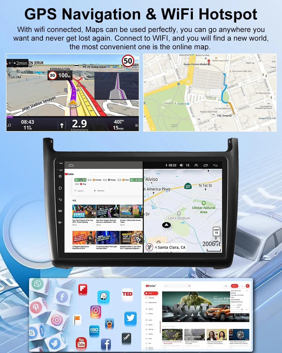 NHOPEEW 2G+64G Android Autoradio per VW Polo 6R 2009-2017 - Senza fili Carplay e Android Auto - 9 pollici Android Stereo con WiFi EQ GPS Mirror Link FM RDS + AHD Telecamera posteriore&Mic